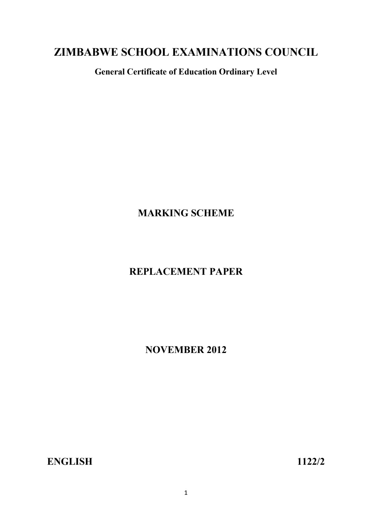 First page of ZIMSEC O-Level English Language Paper 2 November 2012 Marking Scheme