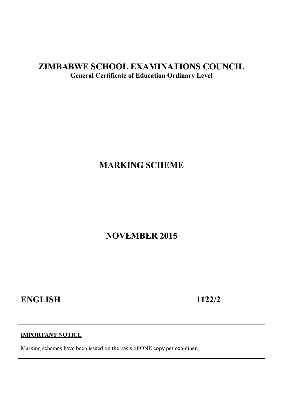 First page of ZIMSEC O-Level English Language Paper 2 November 2015 Marking Scheme
