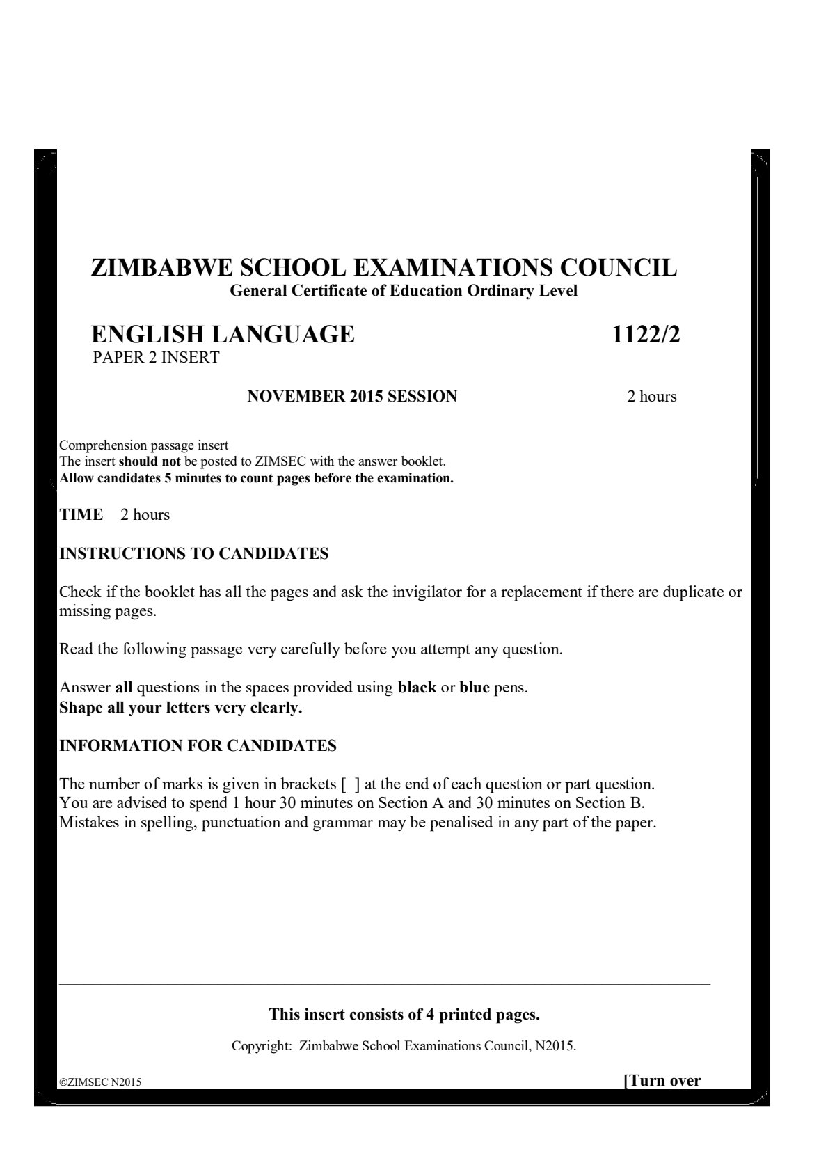 First page of ZIMSEC O-Level English Language Paper 2 November 2015 Question Paper