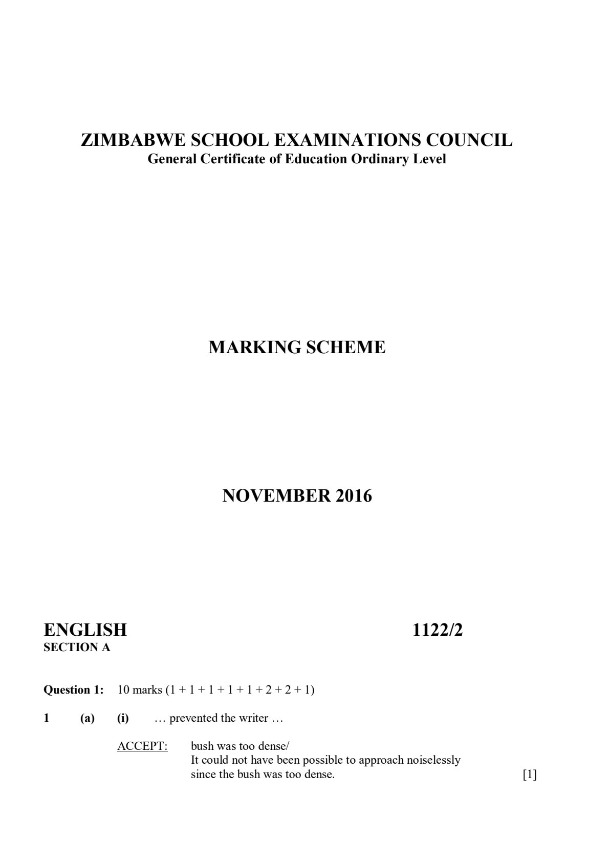 First page of ZIMSEC O-Level English Language Paper 2 November 2016 Marking Scheme