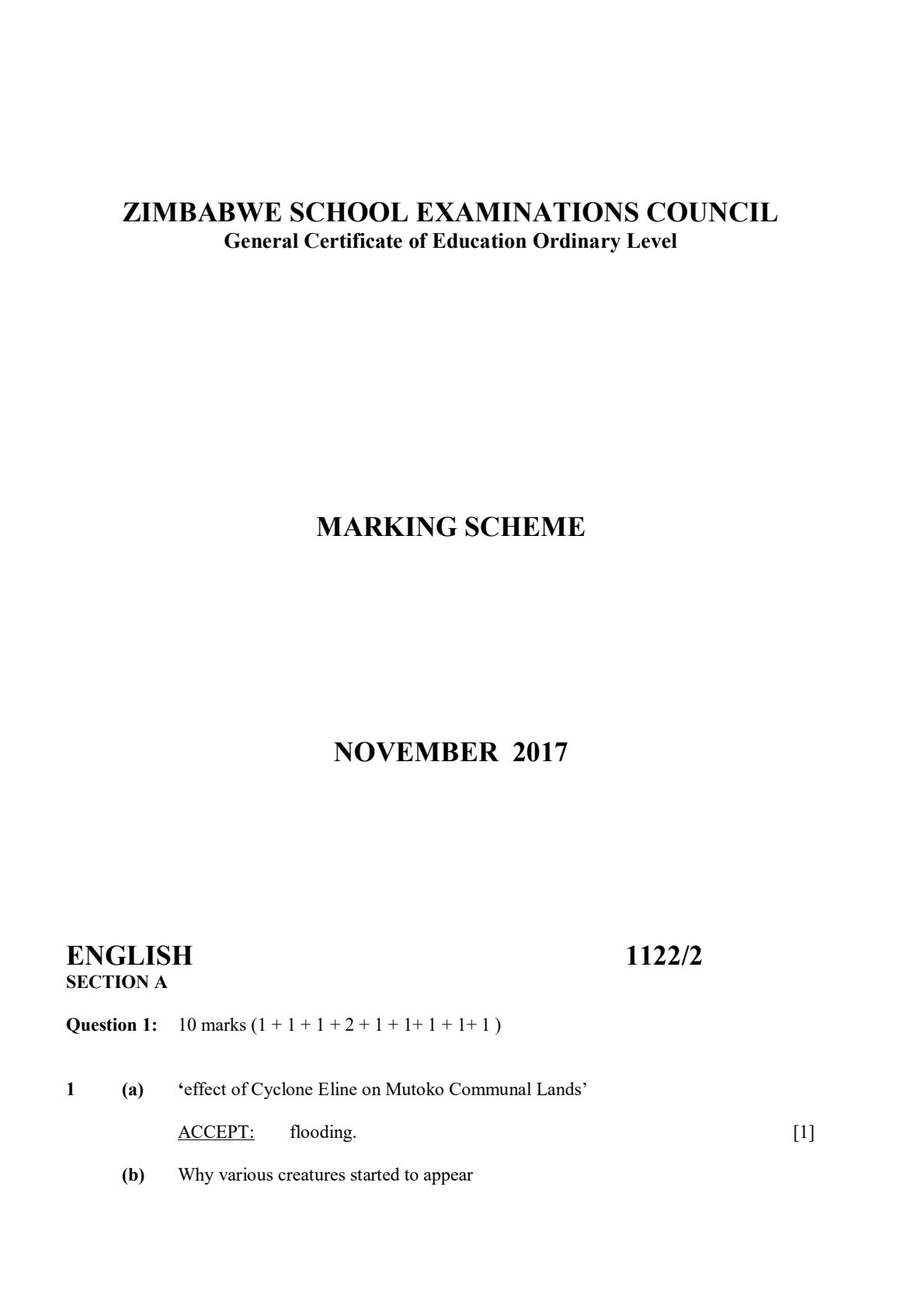 First page of ZIMSEC O-Level English Language Paper 2 November 2017 Marking Scheme