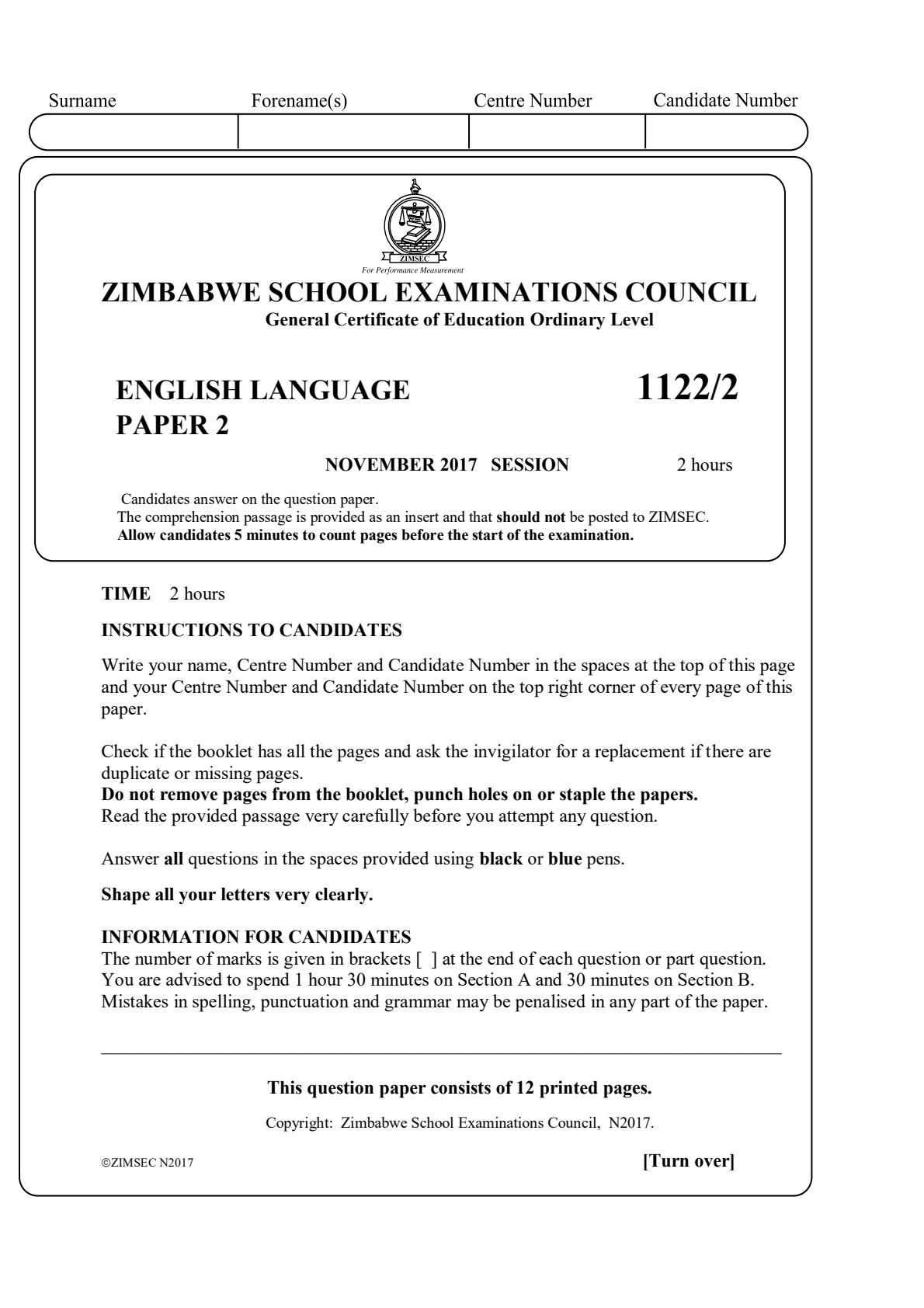 First page of ZIMSEC O-Level English Language Paper 2 November 2017 Question Paper