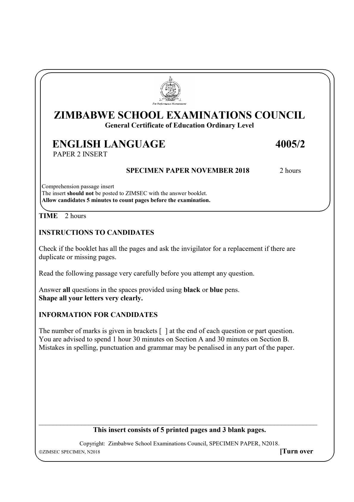 First page of ZIMSEC O-Level English Language Paper 2 November 2018 Question Paper