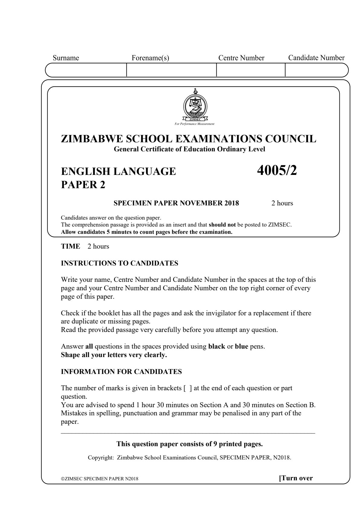 First page of ZIMSEC O-Level English Language Paper 2 November 2018 Question Paper
