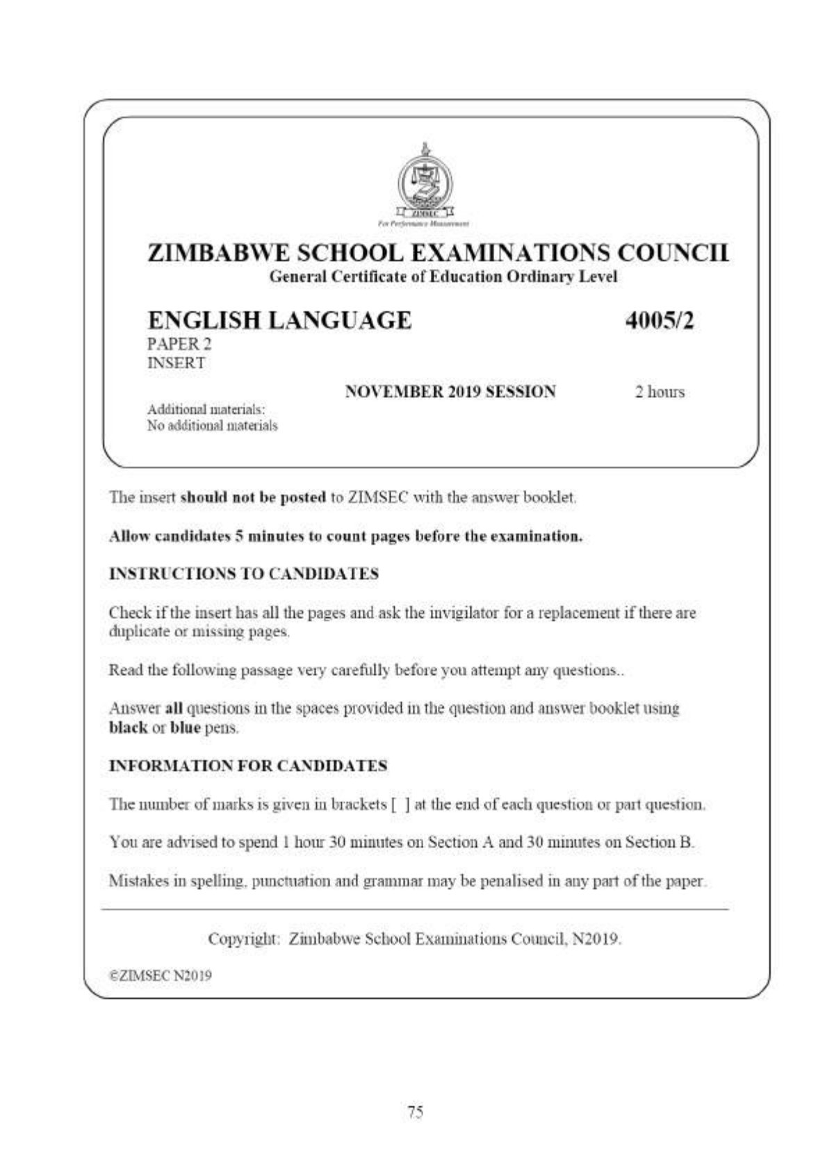 First page of ZIMSEC O-Level English Language Paper 2 November 2019 Question Paper