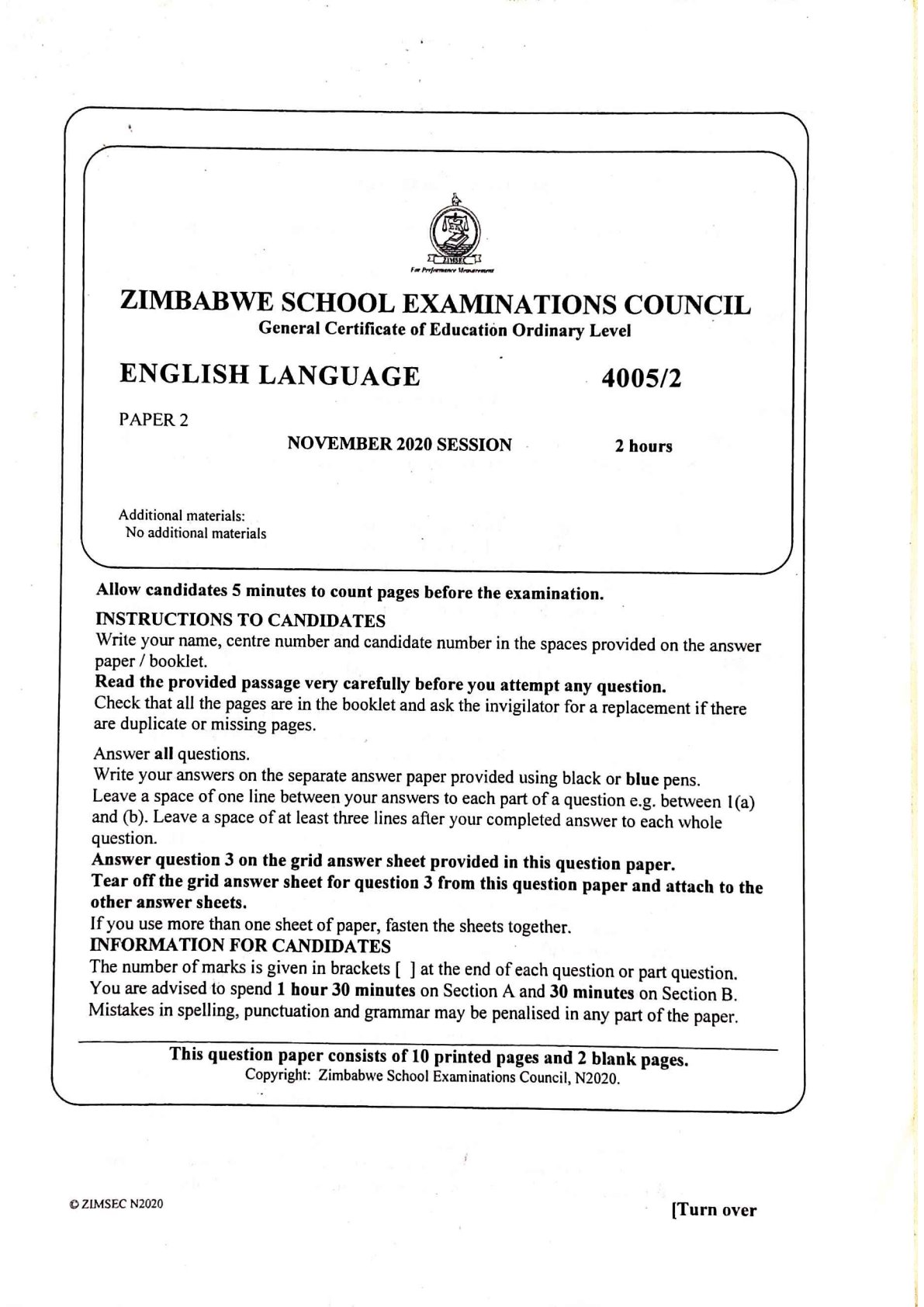 First page of ZIMSEC O-Level English Language Paper 2 November 2020 Question Paper