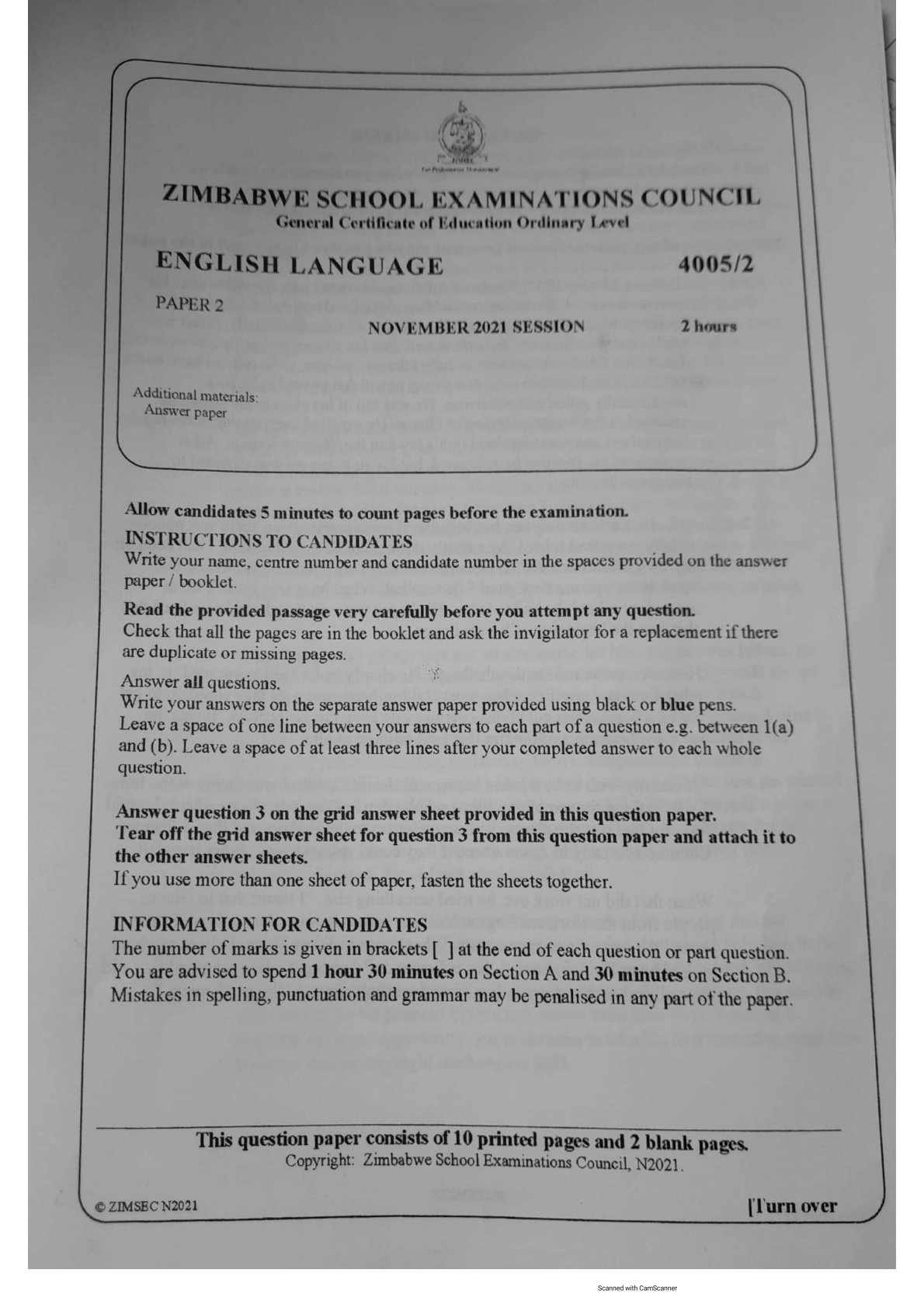 First page of ZIMSEC O-Level English Language Paper 2 November 2021 Question Paper