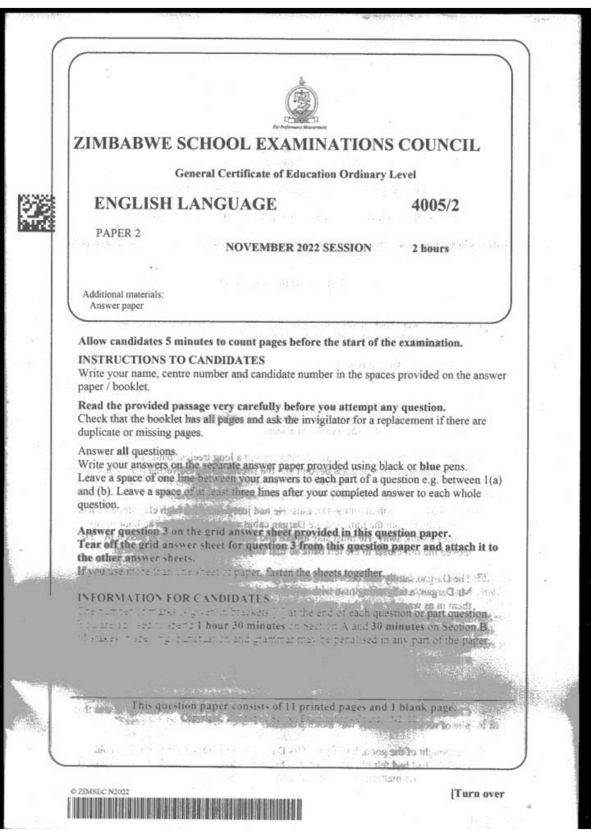 First page of ZIMSEC O-Level English Language Paper 2 November 2022 Question Paper