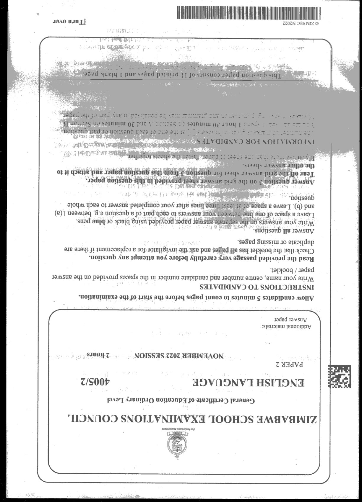 First page of ZIMSEC O-Level English Language Paper 2 November 2022 Question Paper