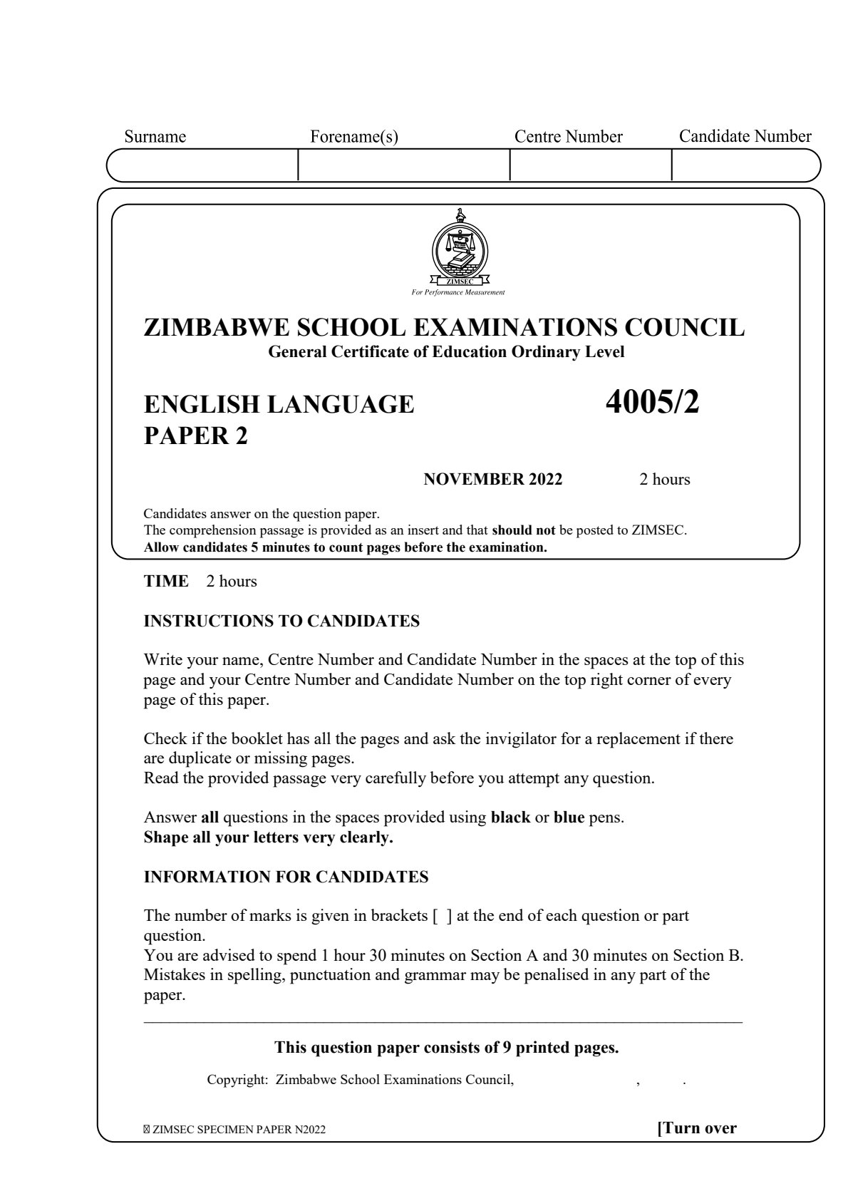 First page of ZIMSEC O-Level English Language Paper 2 November 2022 Question Paper