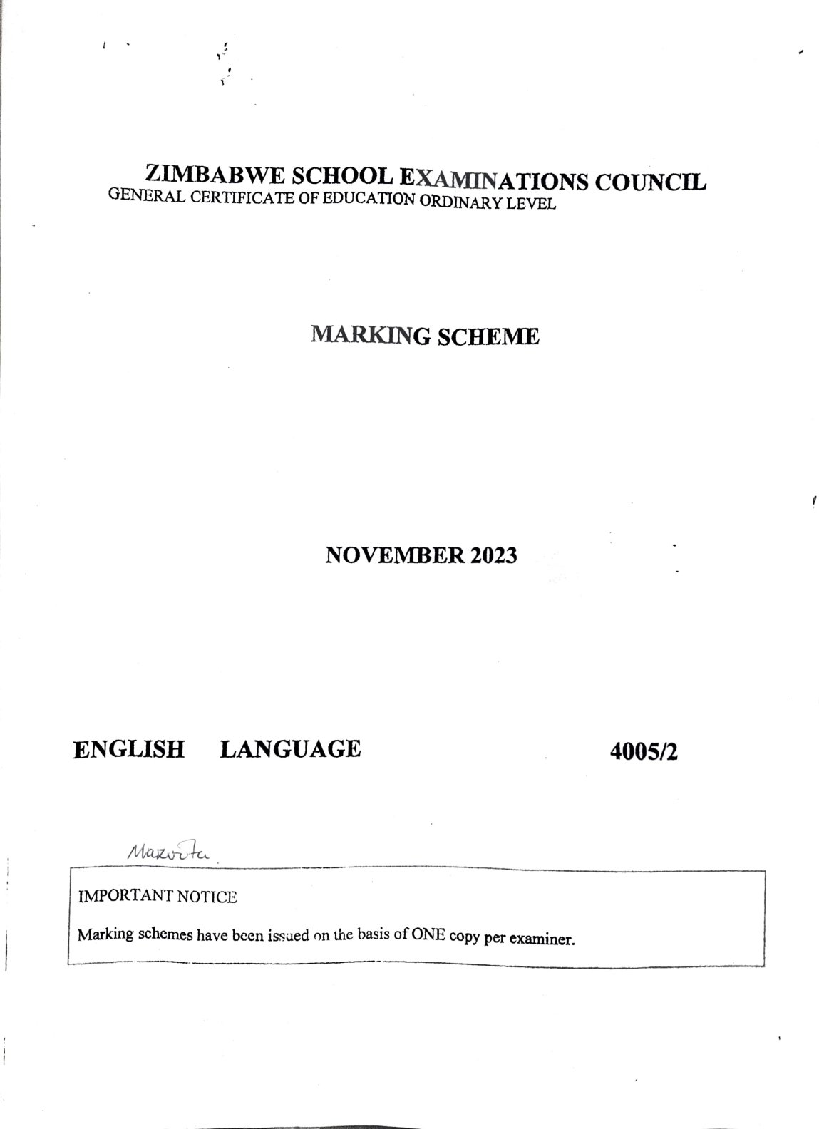 First page of ZIMSEC O-Level English Language Paper 2 November 2023 Marking Scheme