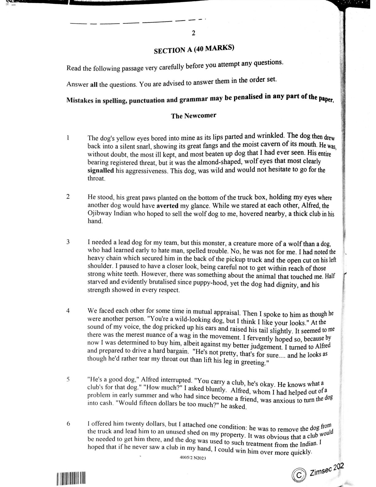 First page of ZIMSEC O-Level English Language Paper 2 November 2023 Question Paper