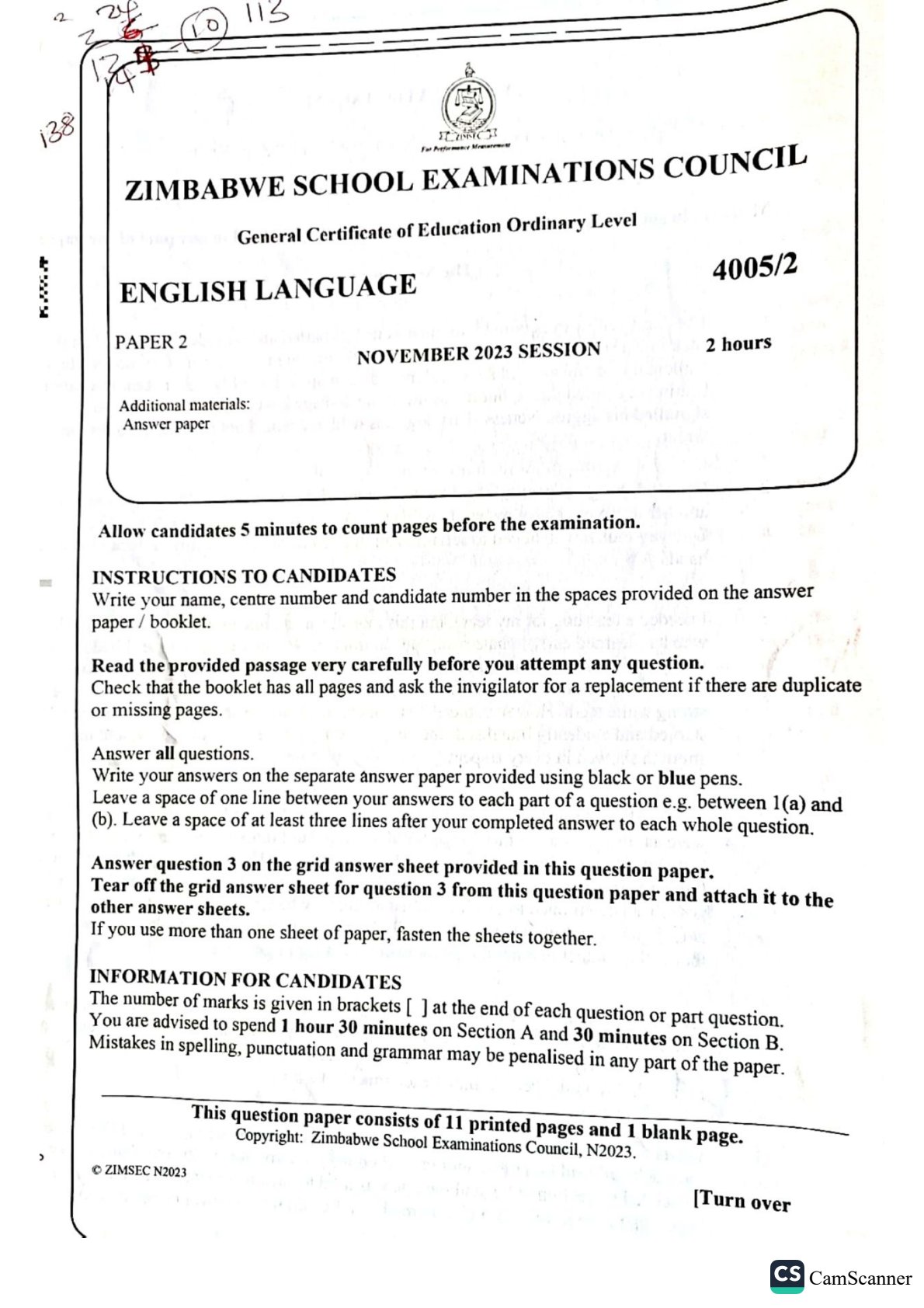First page of ZIMSEC O-Level English Language Paper 2 November 2023 Question Paper