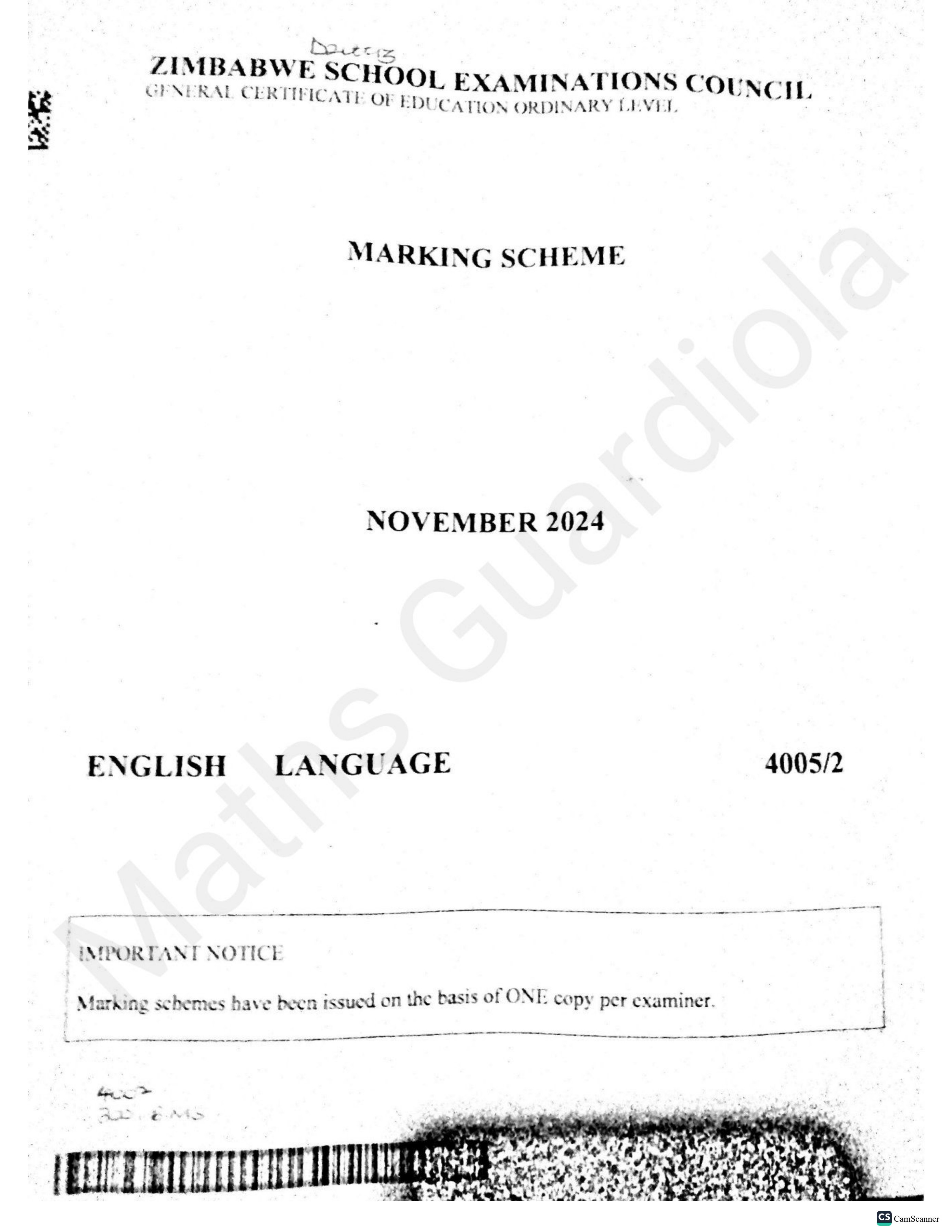 First page of ZIMSEC O-Level English Language Paper 2 November 2024 Marking Scheme