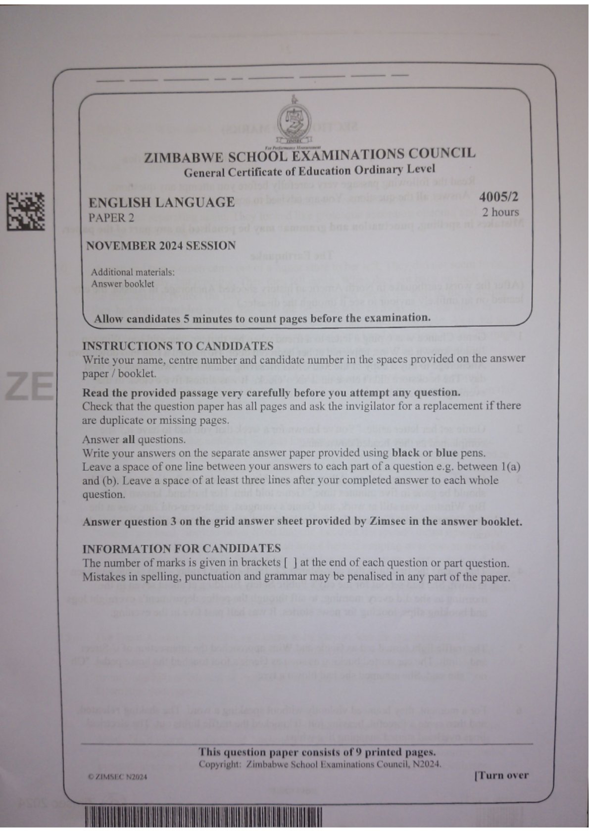First page of ZIMSEC O-Level English Language Paper 2 November 2024 Question Paper