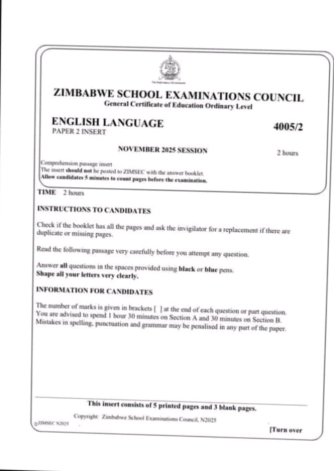 First page of ZIMSEC O-Level English Language Paper 2 November 2025 Question Paper