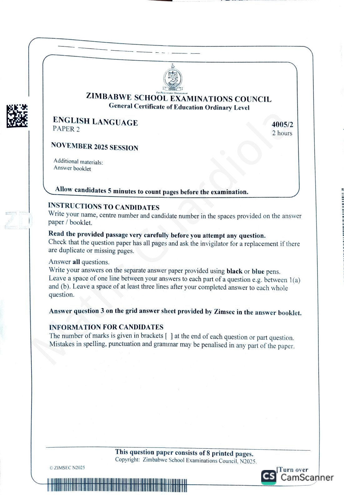 First page of ZIMSEC O-Level English Language Paper 2 November 2025 Question Paper