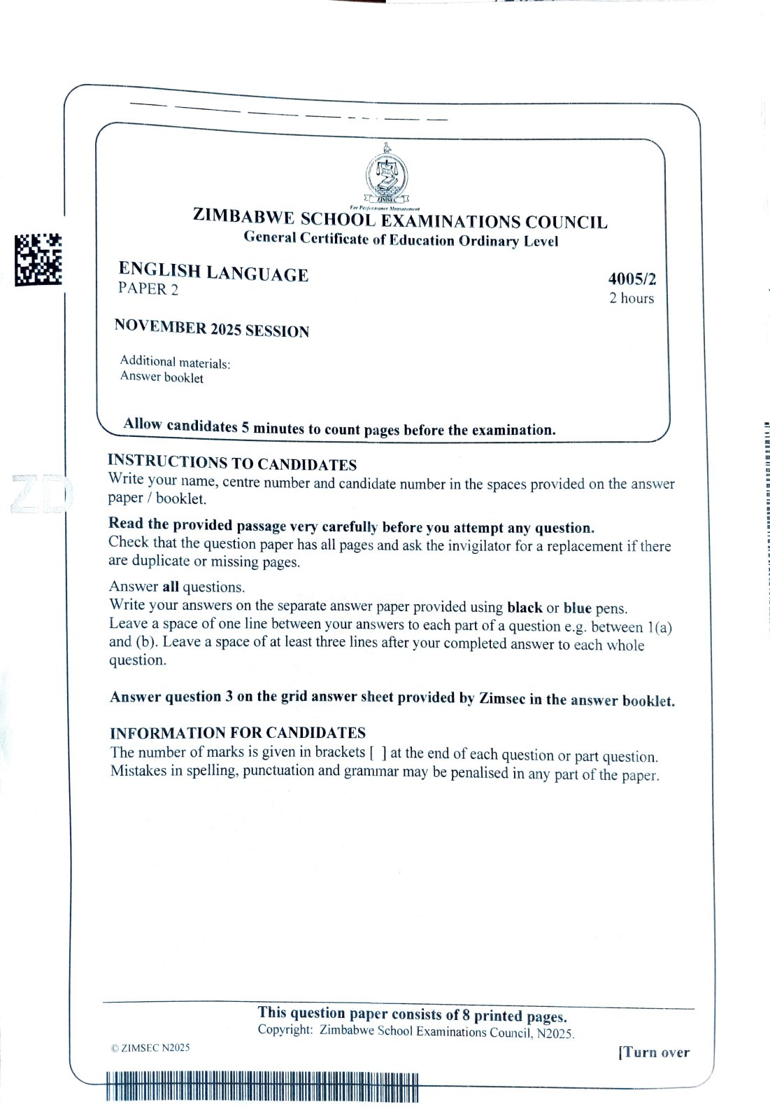 First page of ZIMSEC O-Level English Language Paper 2 November 2025 Question Paper
