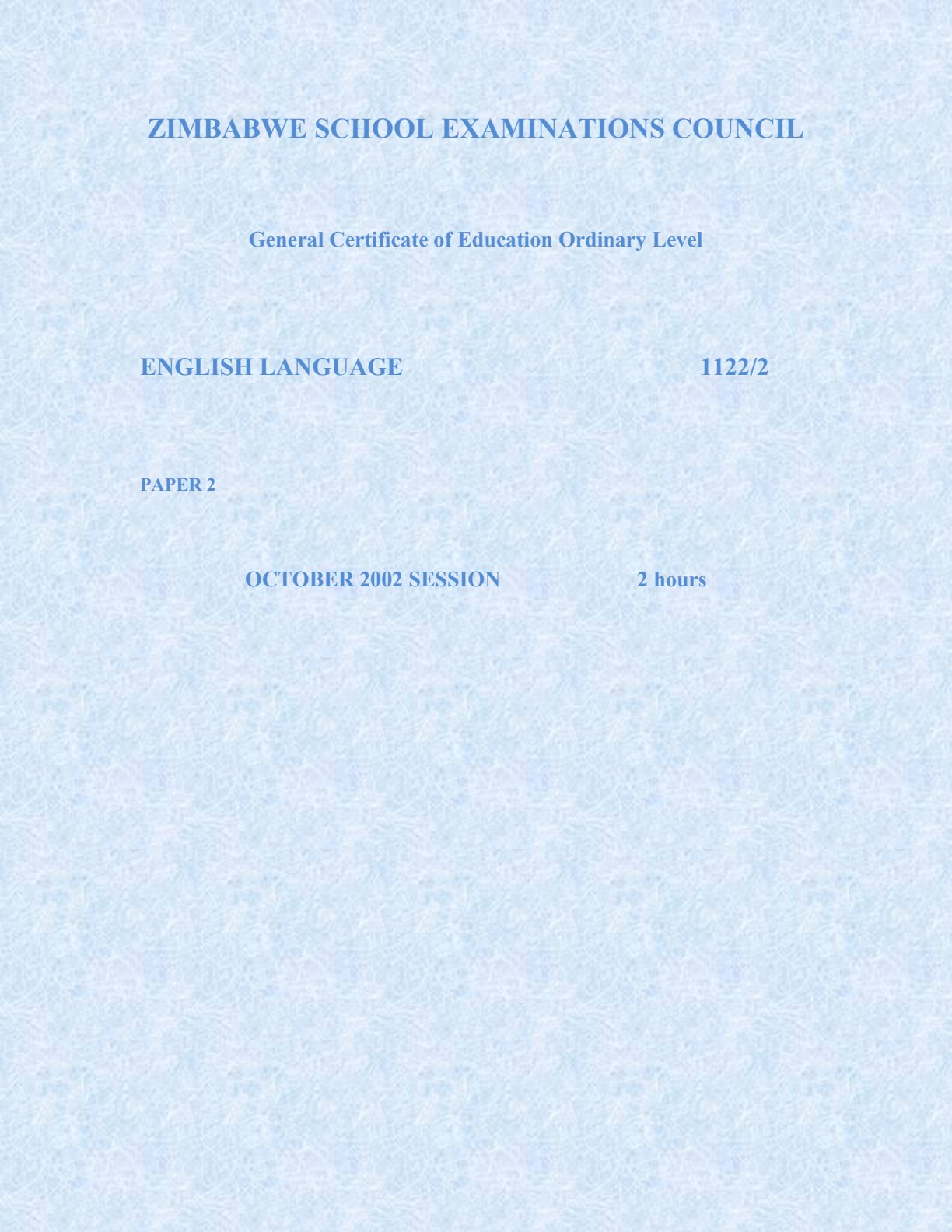 First page of ZIMSEC O-Level English Language Paper 2 October 2002 Question Paper
