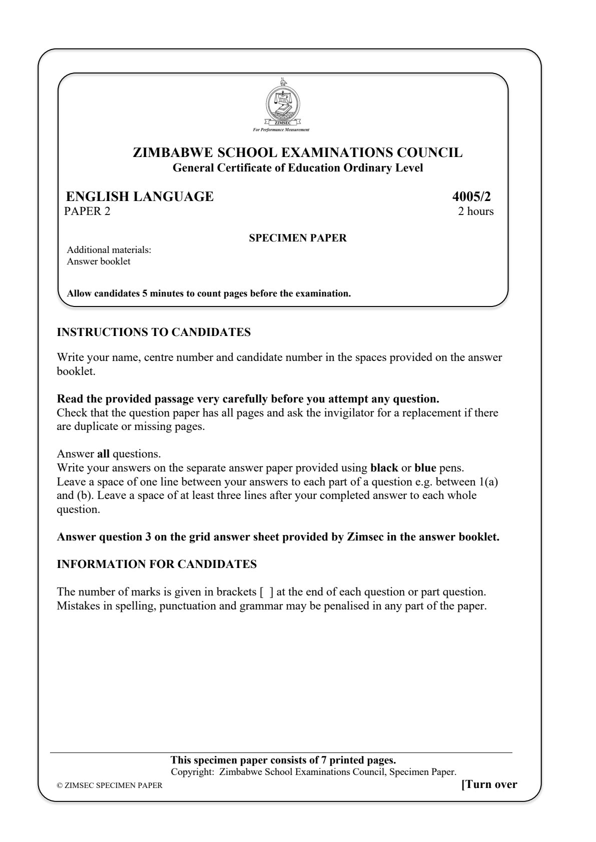 First page of ZIMSEC O-Level English Language Paper 2 Question Paper
