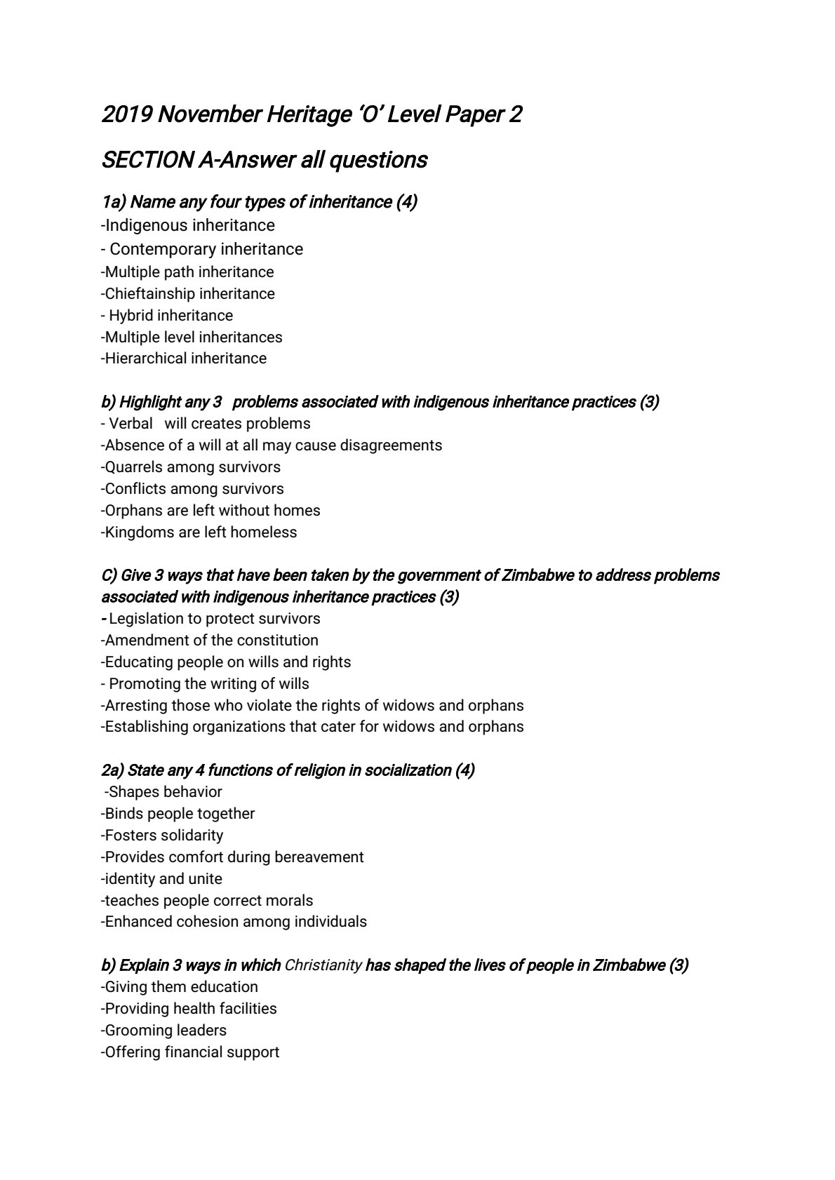 First page of ZIMSEC O-Level Family and Heritage Studies 2019 Study Guide