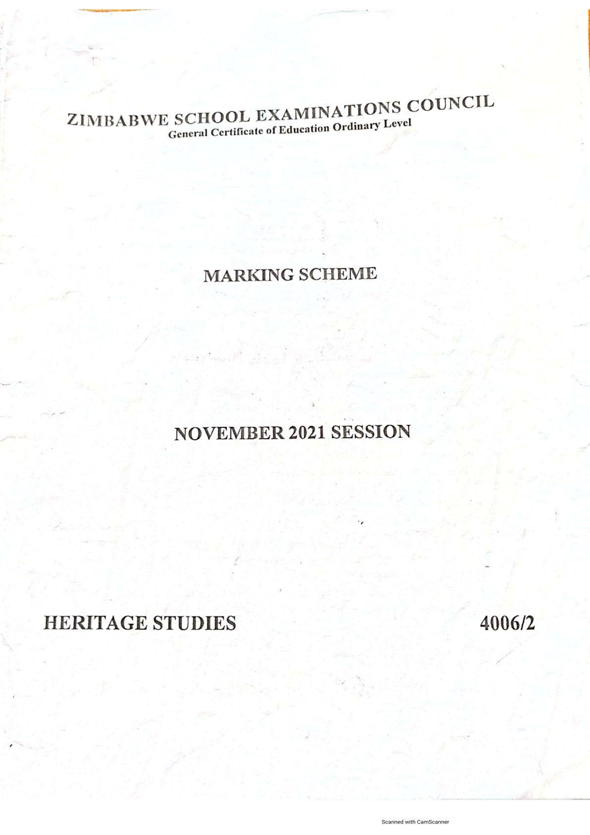 First page of ZIMSEC O-Level Family and Heritage Studies November 2021 Marking Scheme