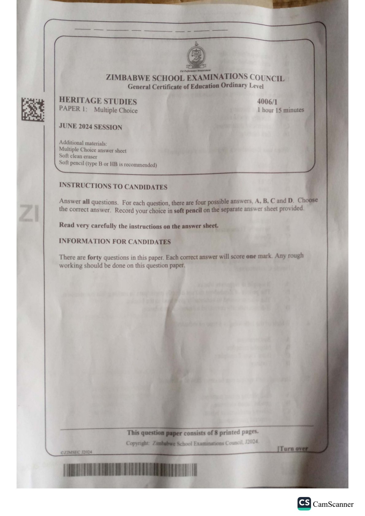 First page of ZIMSEC O-Level Family and Heritage Studies Paper 1 June 2024 Question Paper