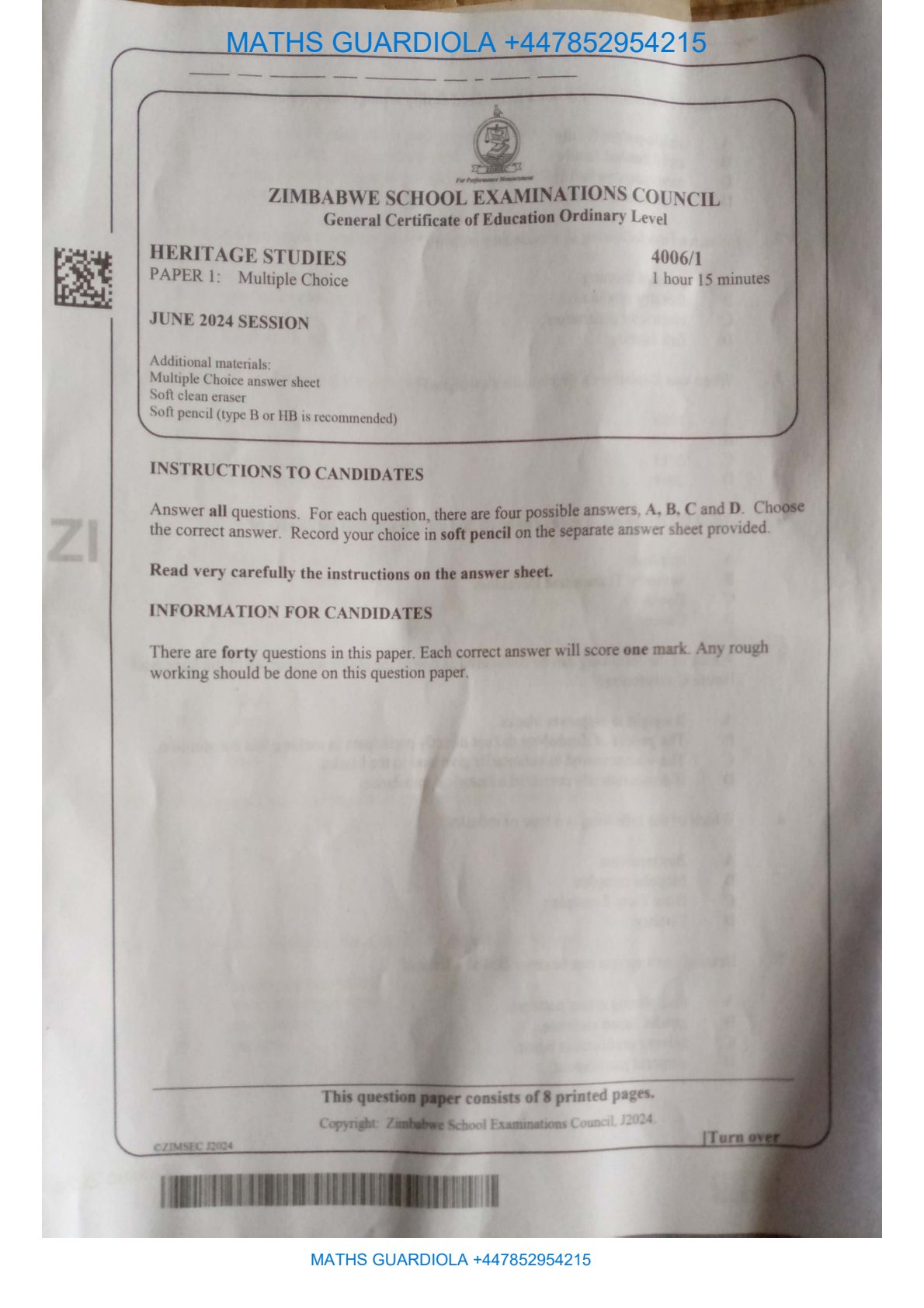 First page of ZIMSEC O-Level Family and Heritage Studies Paper 1 June 2024 Question Paper