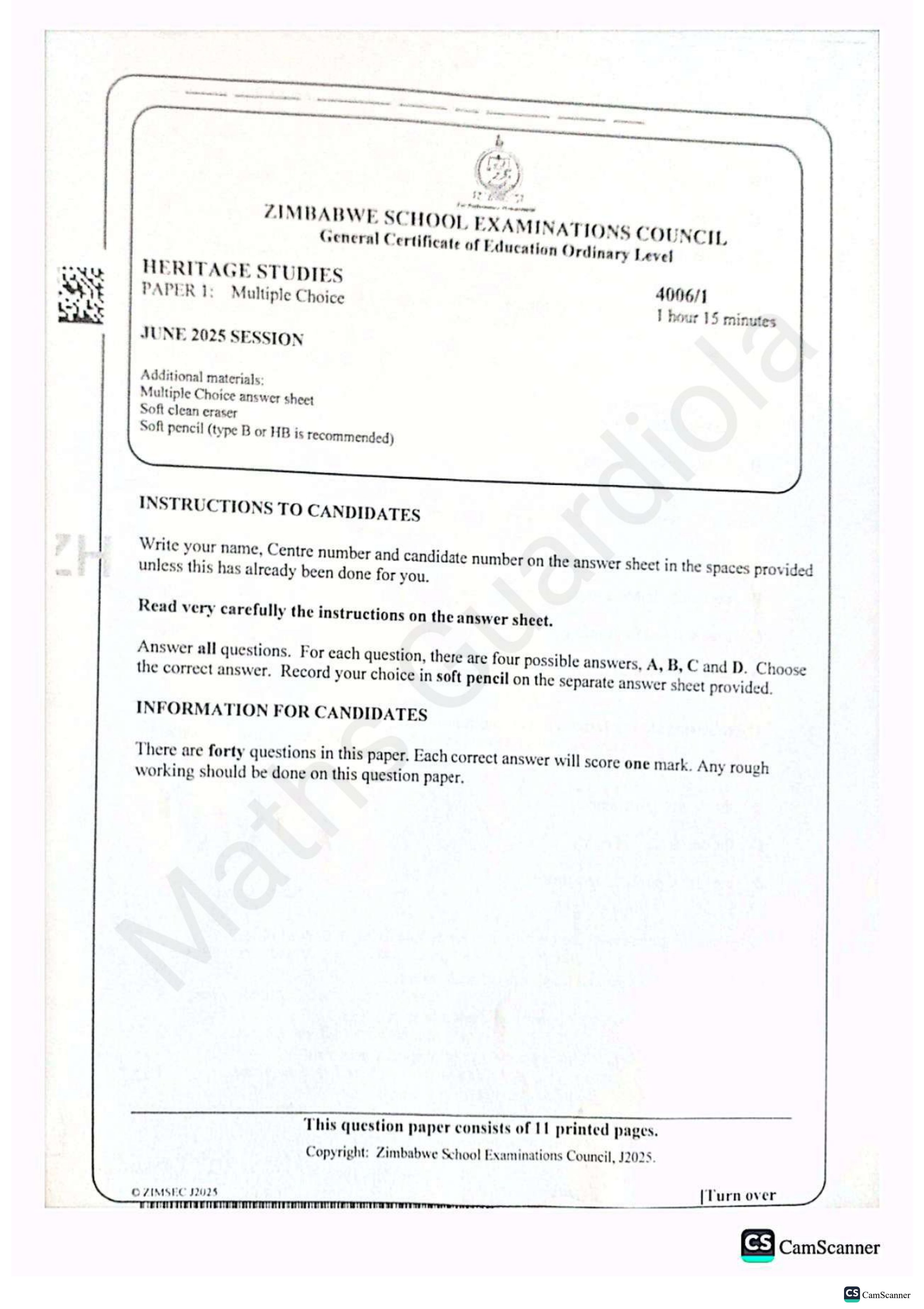 First page of ZIMSEC O-Level Family and Heritage Studies Paper 1 June 2025 Question Paper