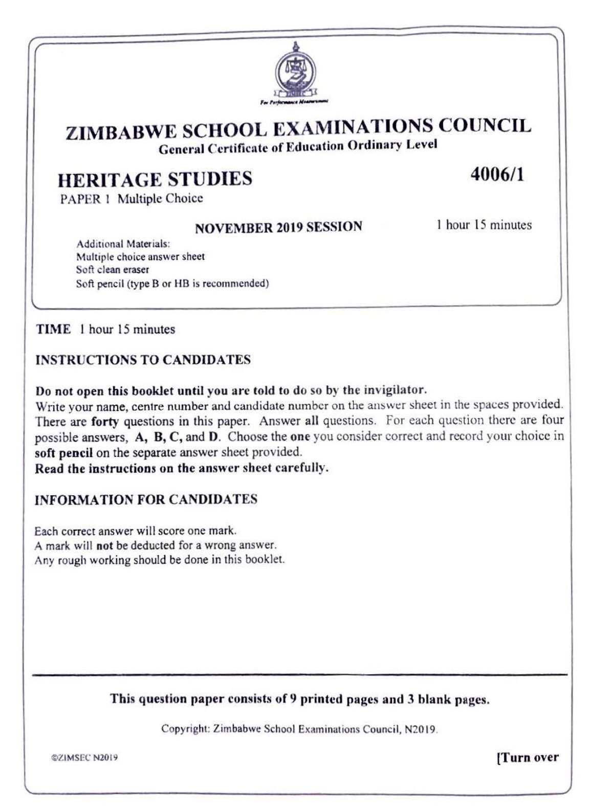 First page of ZIMSEC O-Level Family and Heritage Studies Paper 1 November 2019 Question Paper