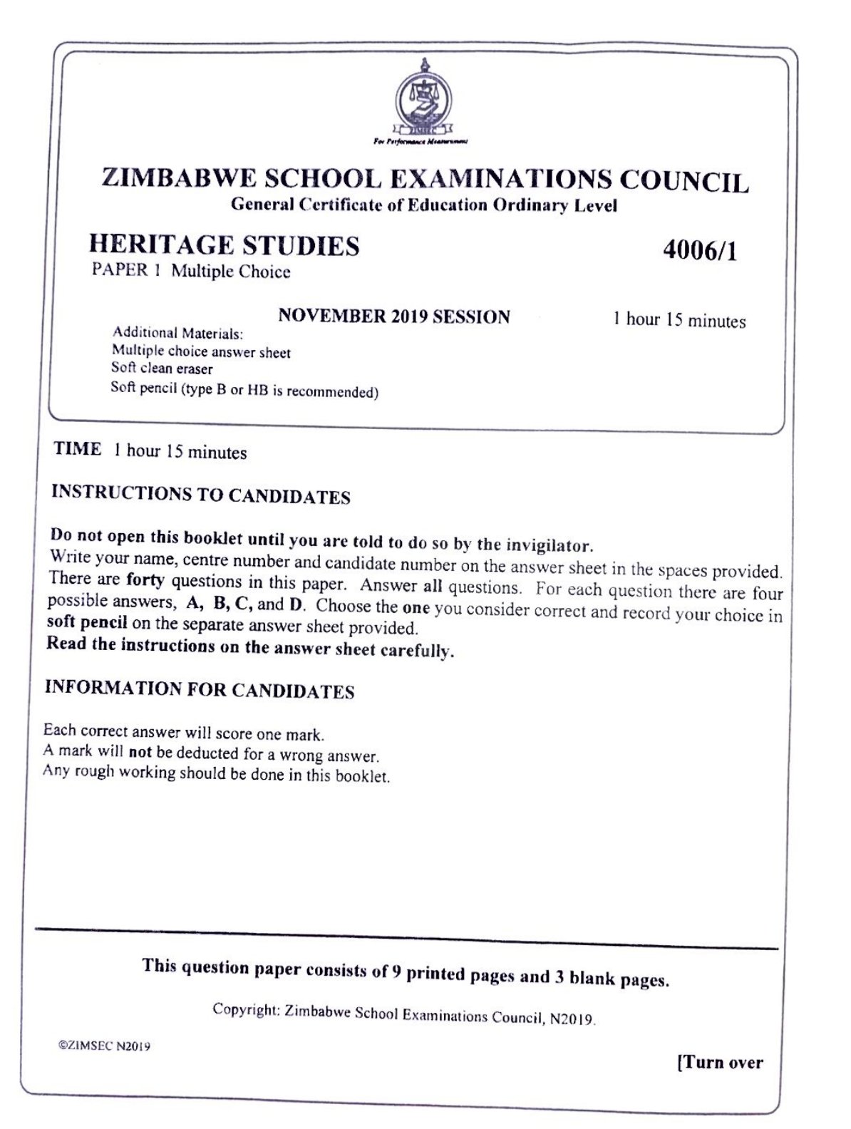 First page of ZIMSEC O-Level Family and Heritage Studies Paper 1 November 2019 Question Paper