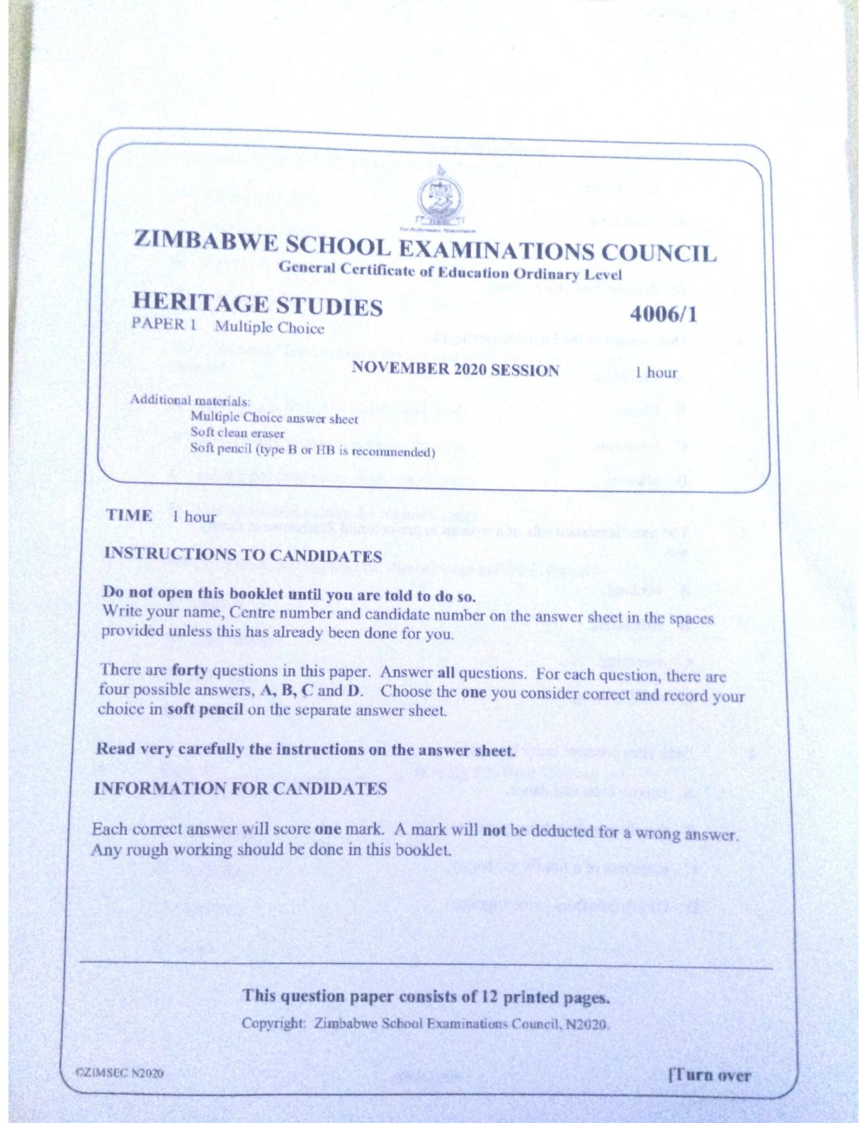 First page of ZIMSEC O-Level Family and Heritage Studies Paper 1 November 2020 Question Paper
