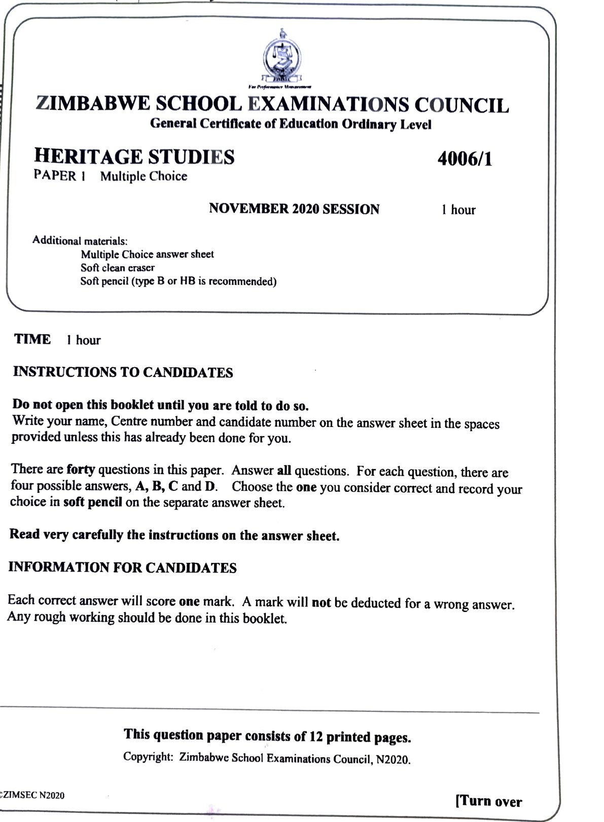 First page of ZIMSEC O-Level Family and Heritage Studies Paper 1 November 2020 Question Paper