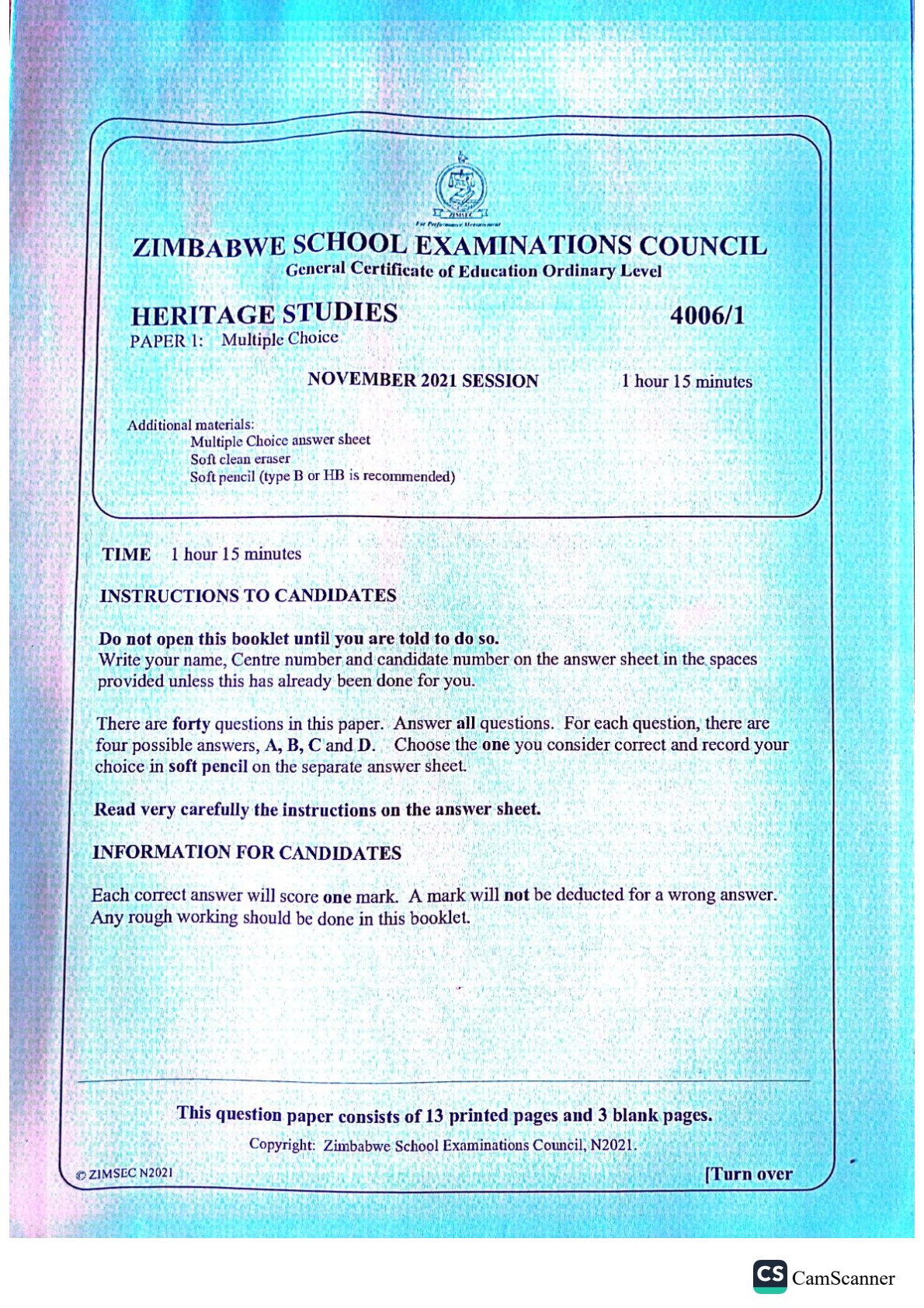 First page of ZIMSEC O-Level Family and Heritage Studies Paper 1 November 2021 Question Paper