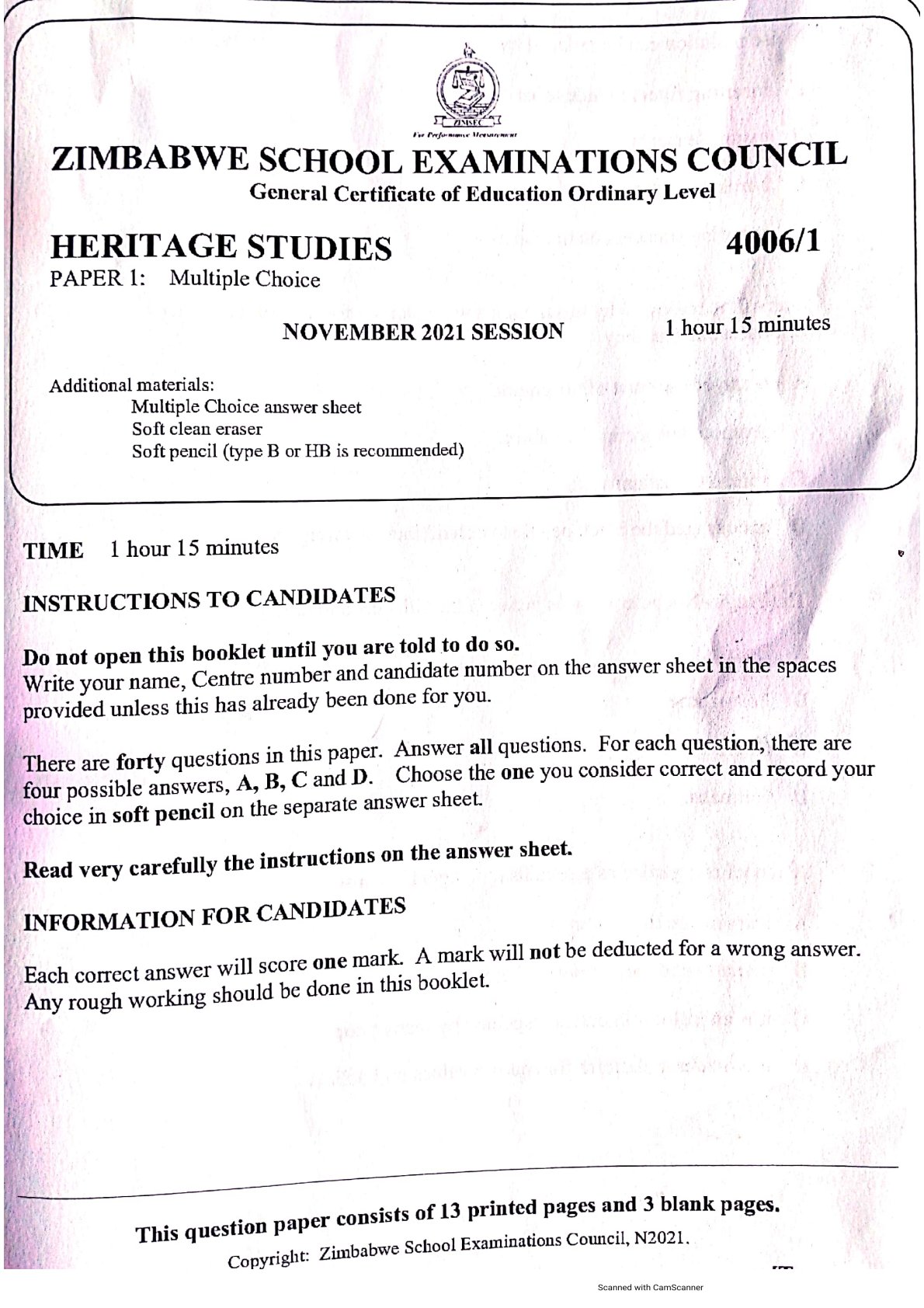 First page of ZIMSEC O-Level Family and Heritage Studies Paper 1 November 2021 Question Paper