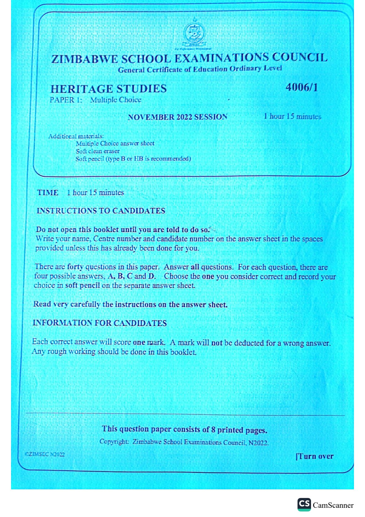 First page of ZIMSEC O-Level Family and Heritage Studies Paper 1 November 2022 Question Paper