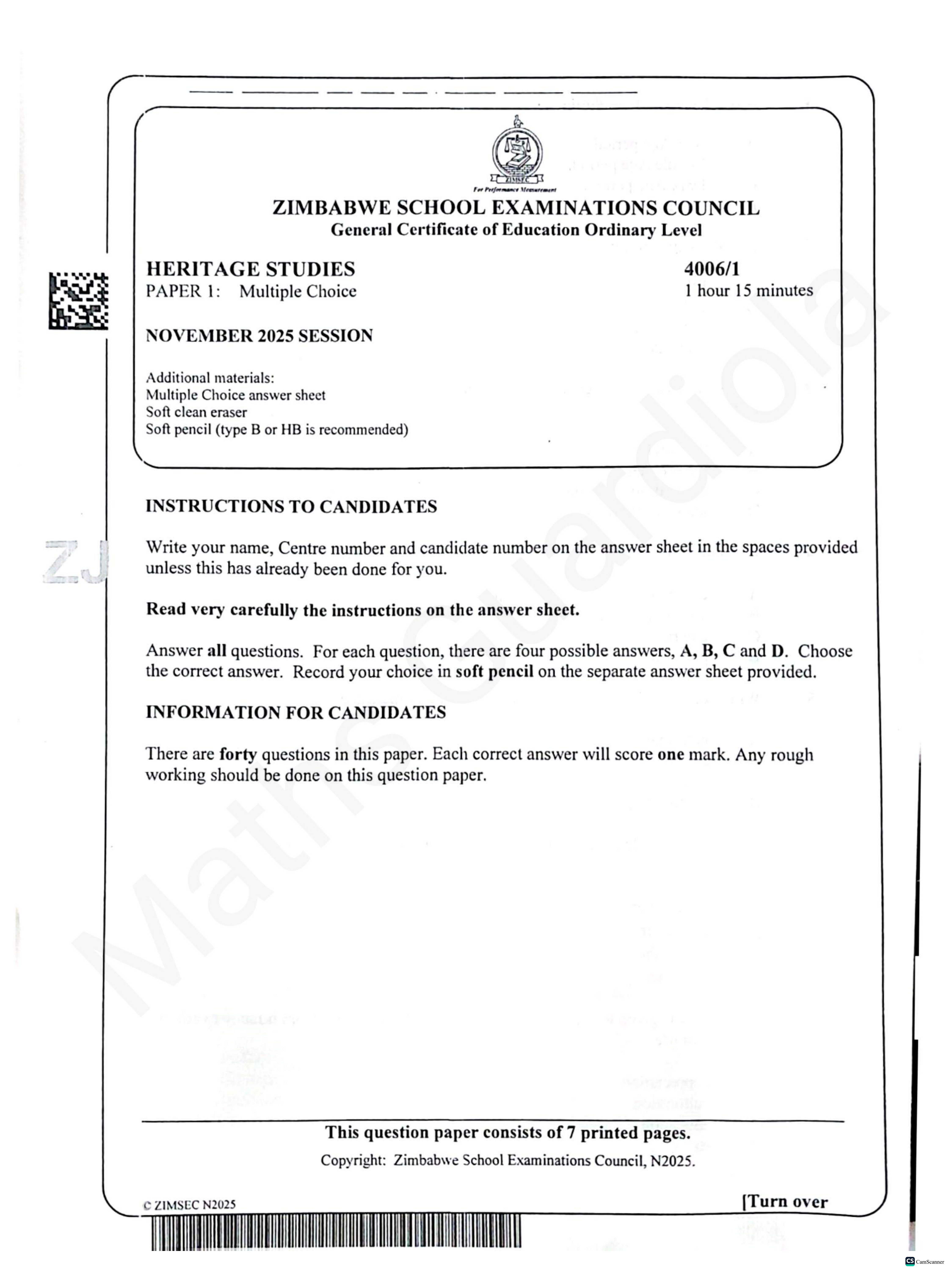 First page of ZIMSEC O-Level Family and Heritage Studies Paper 1 November 2025 Question Paper