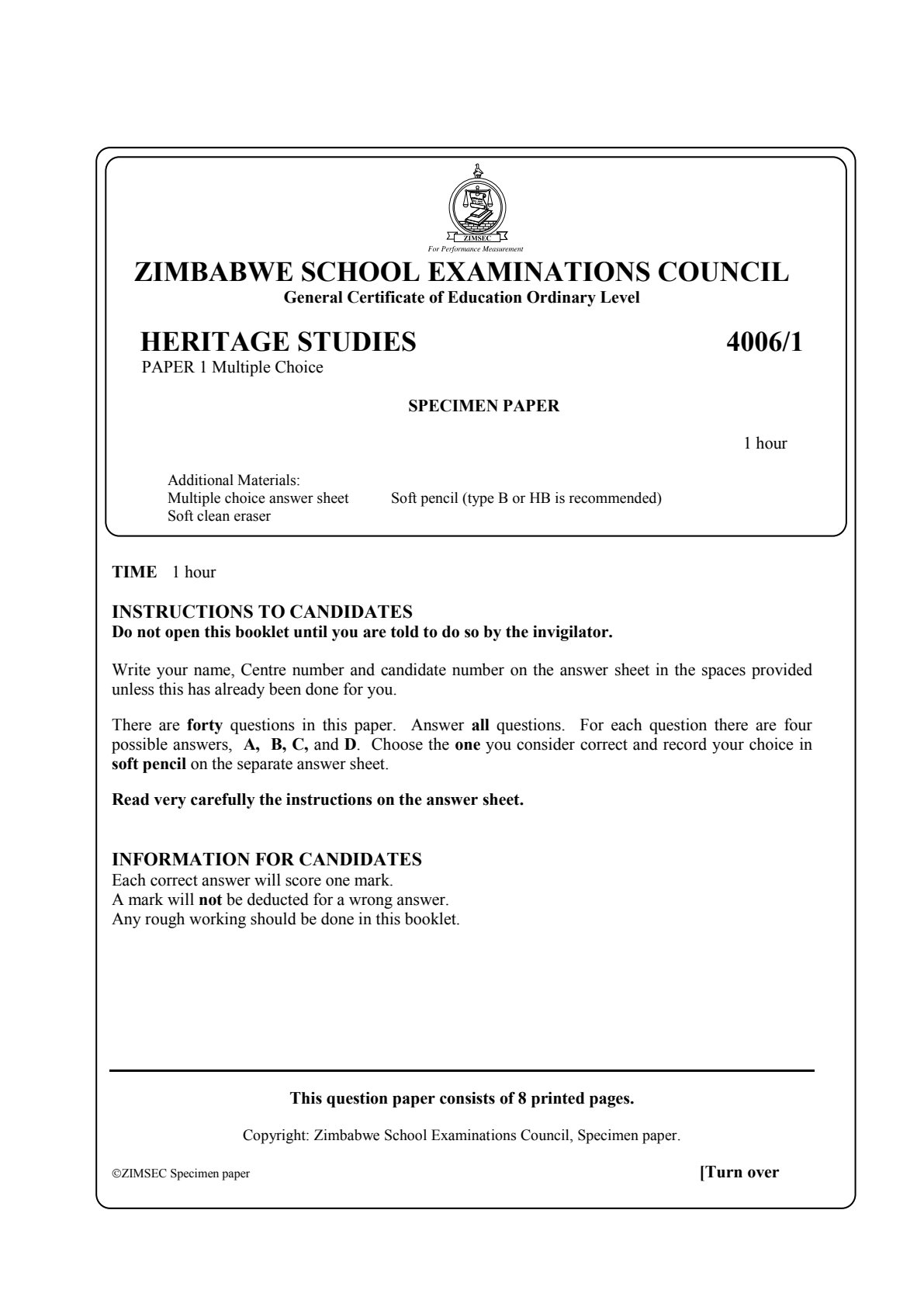 First page of ZIMSEC O-Level Family and Heritage Studies Paper 1 Question Paper