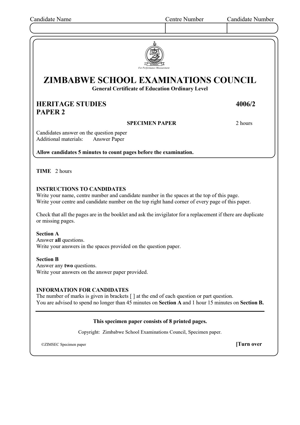 First page of ZIMSEC O-Level Family and Heritage Studies Paper 2 2018 Question Paper