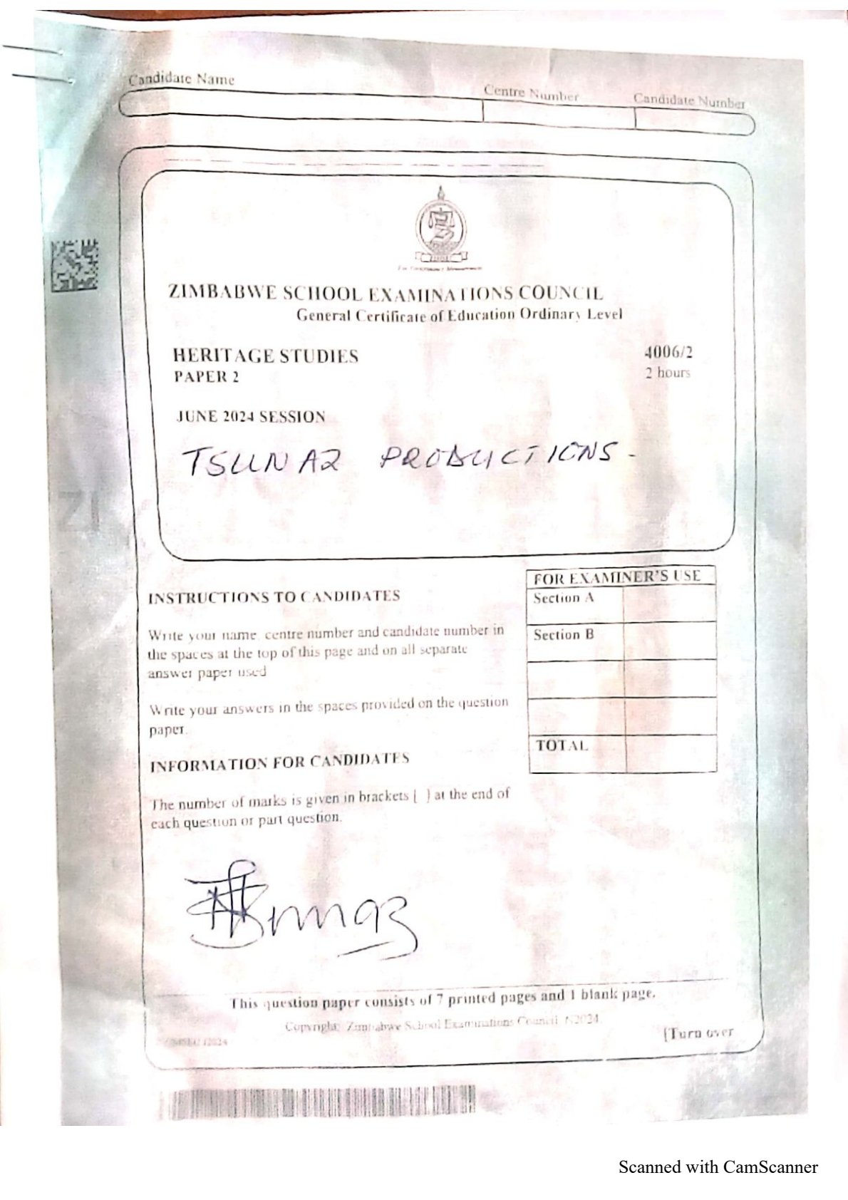 First page of ZIMSEC O-Level Family and Heritage Studies Paper 2 June 2024 Question Paper