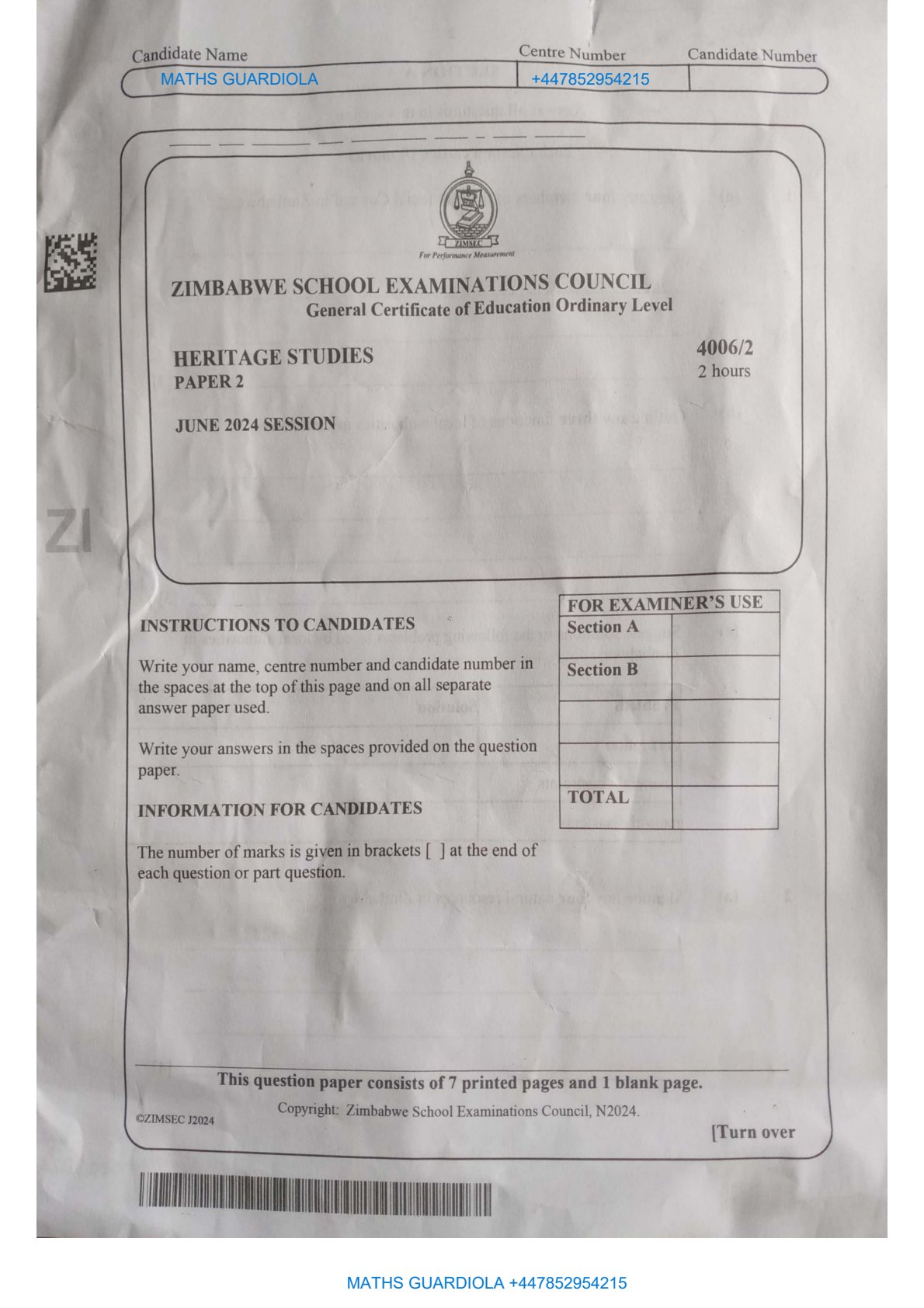 First page of ZIMSEC O-Level Family and Heritage Studies Paper 2 June 2024 Question Paper