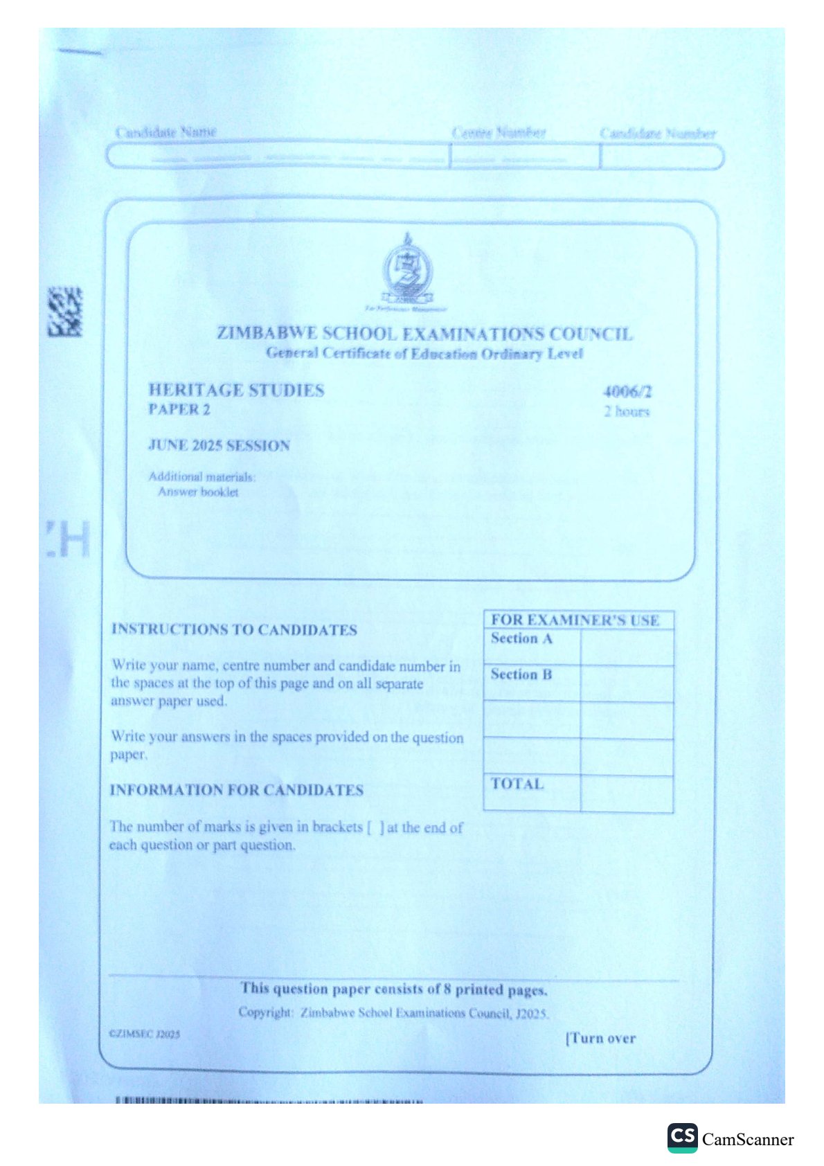 First page of ZIMSEC O-Level Family and Heritage Studies Paper 2 June 2025 Question Paper