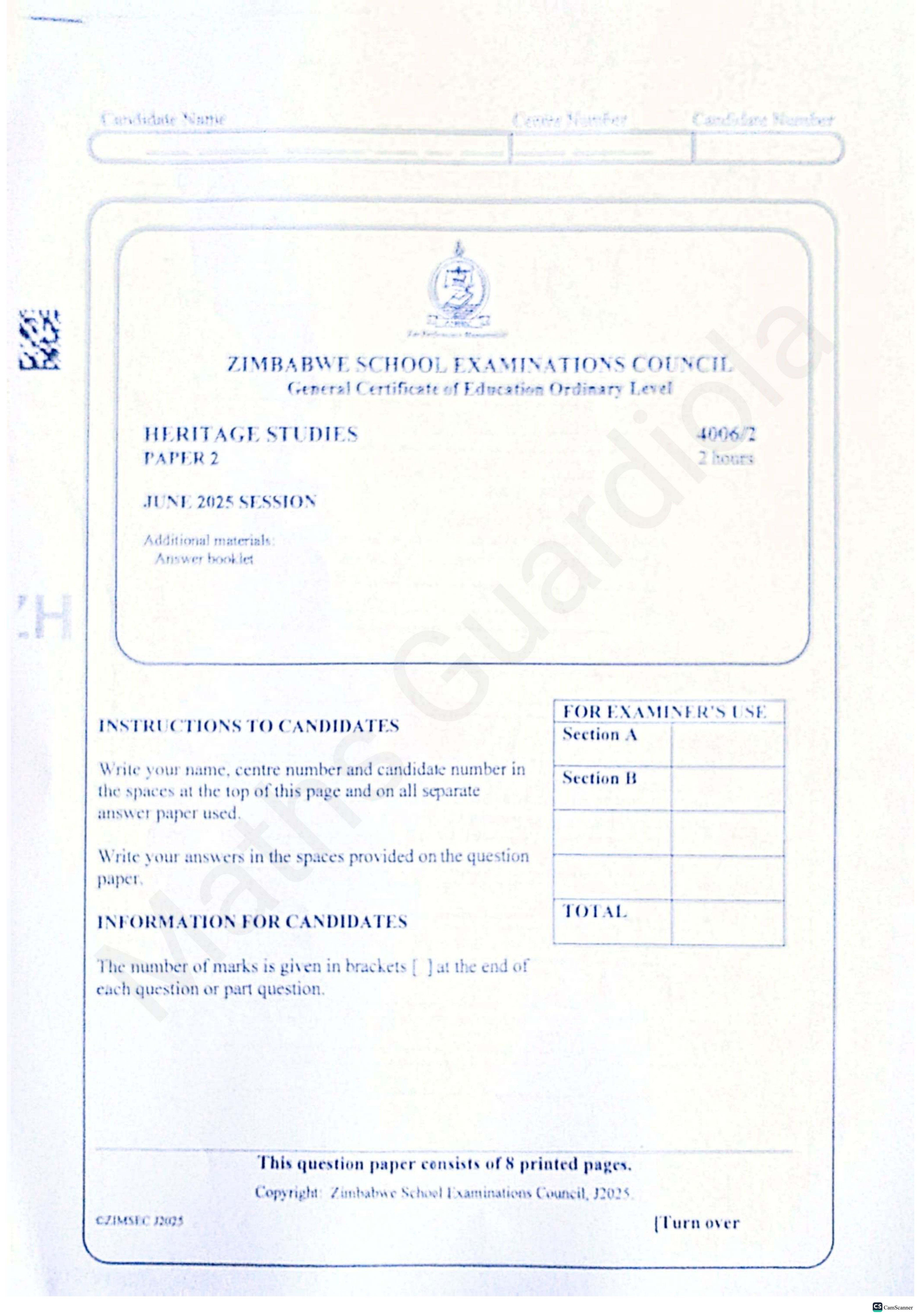First page of ZIMSEC O-Level Family and Heritage Studies Paper 2 June 2025 Question Paper