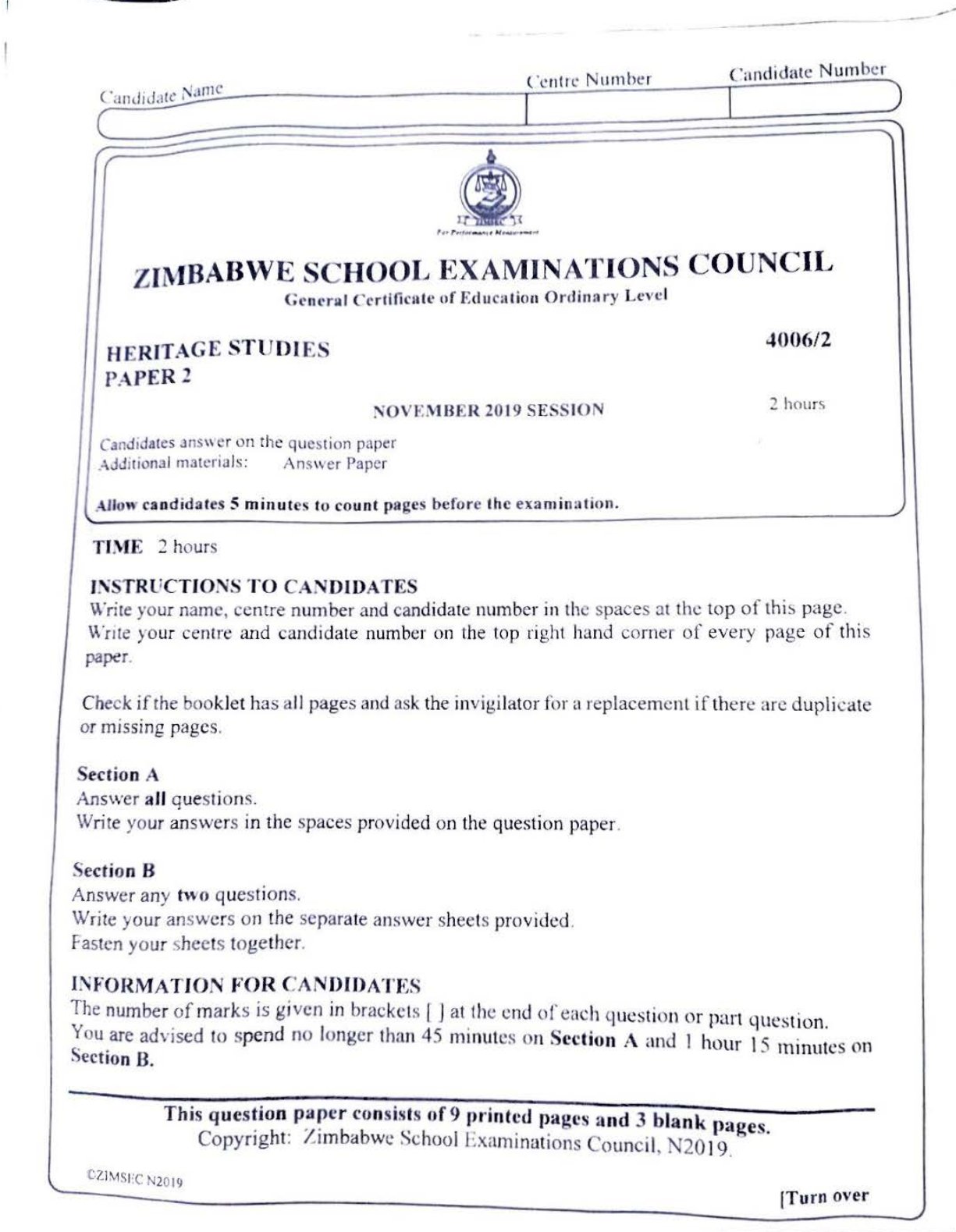 First page of ZIMSEC O-Level Family and Heritage Studies Paper 2 November 2019 Question Paper