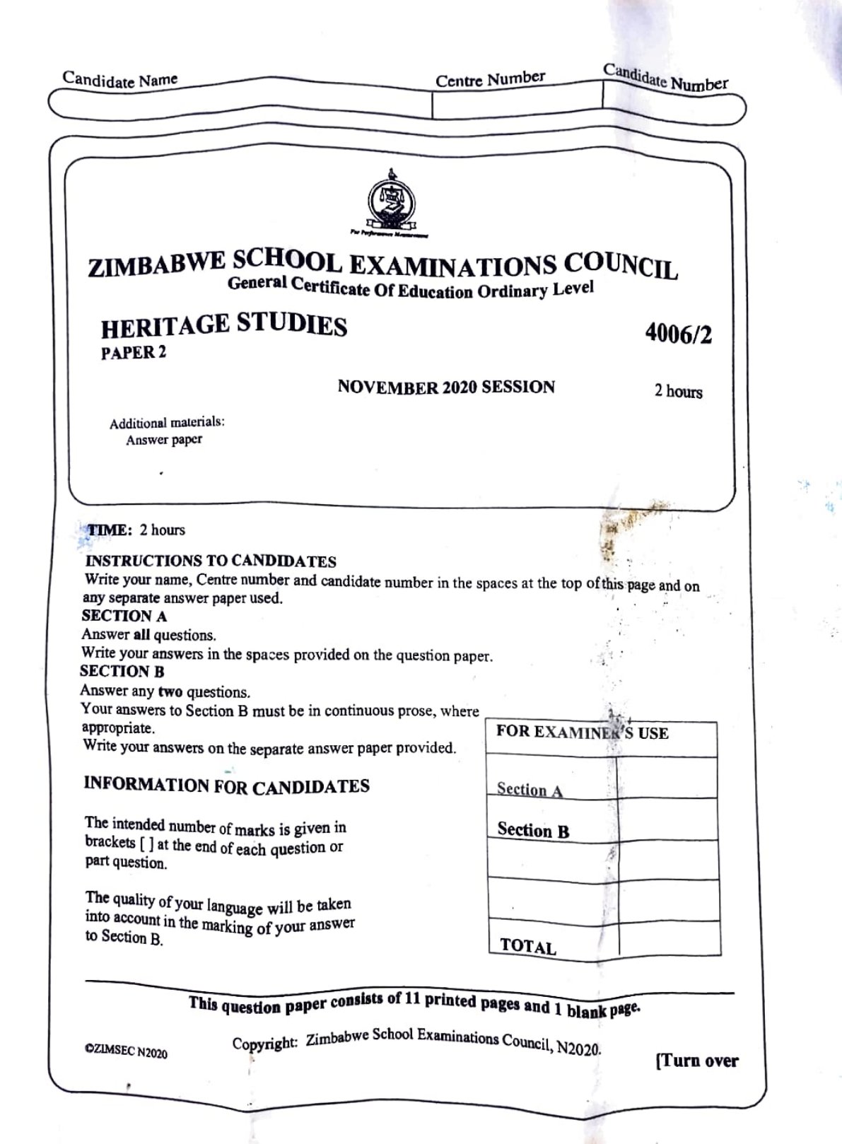 First page of ZIMSEC O-Level Family and Heritage Studies Paper 2 November 2020 Question Paper