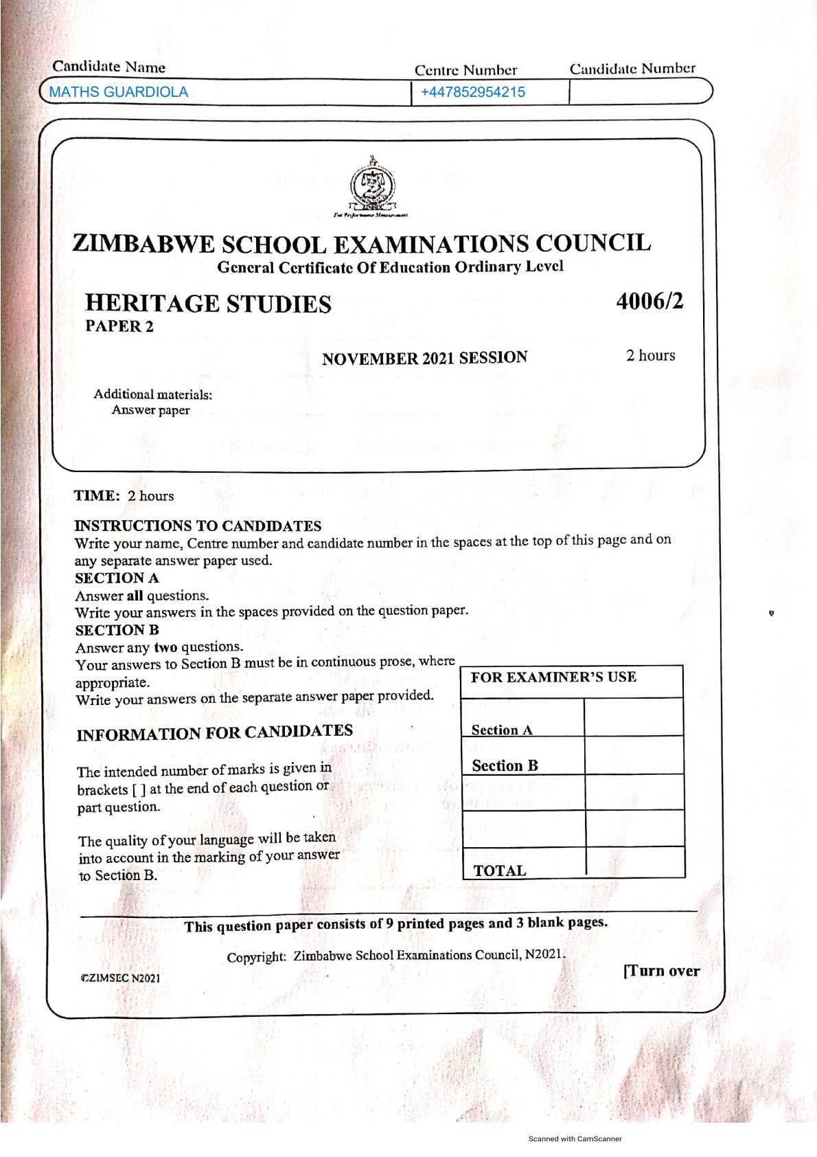 First page of ZIMSEC O-Level Family and Heritage Studies Paper 2 November 2021 Question Paper