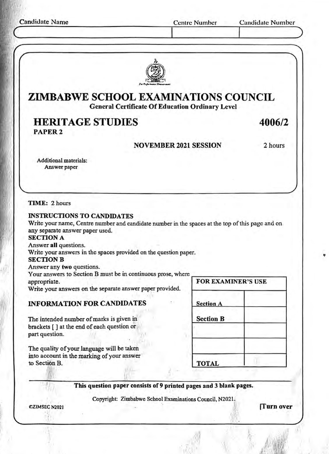 First page of ZIMSEC O-Level Family and Heritage Studies Paper 2 November 2021 Question Paper