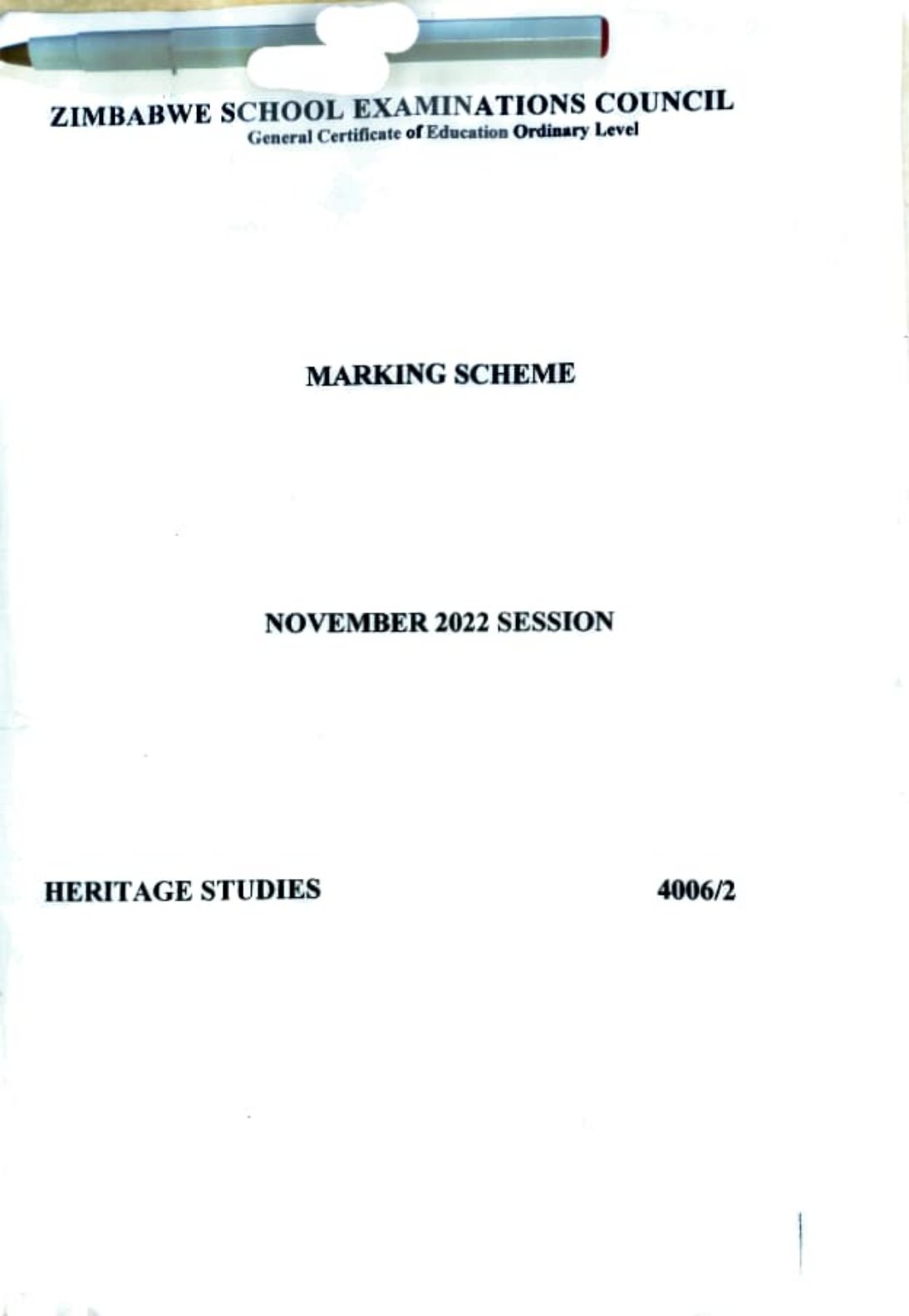 First page of ZIMSEC O-Level Family and Heritage Studies Paper 2 November 2022 Marking Scheme