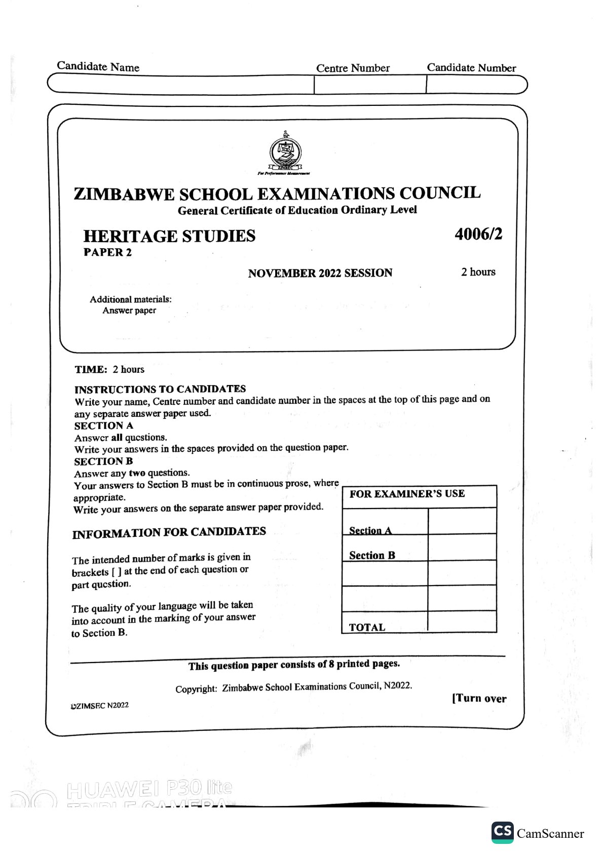 First page of ZIMSEC O-Level Family and Heritage Studies Paper 2 November 2022 Question Paper