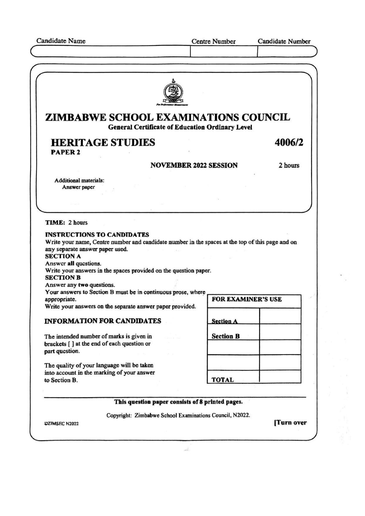 First page of ZIMSEC O-Level Family and Heritage Studies Paper 2 November 2022 Question Paper